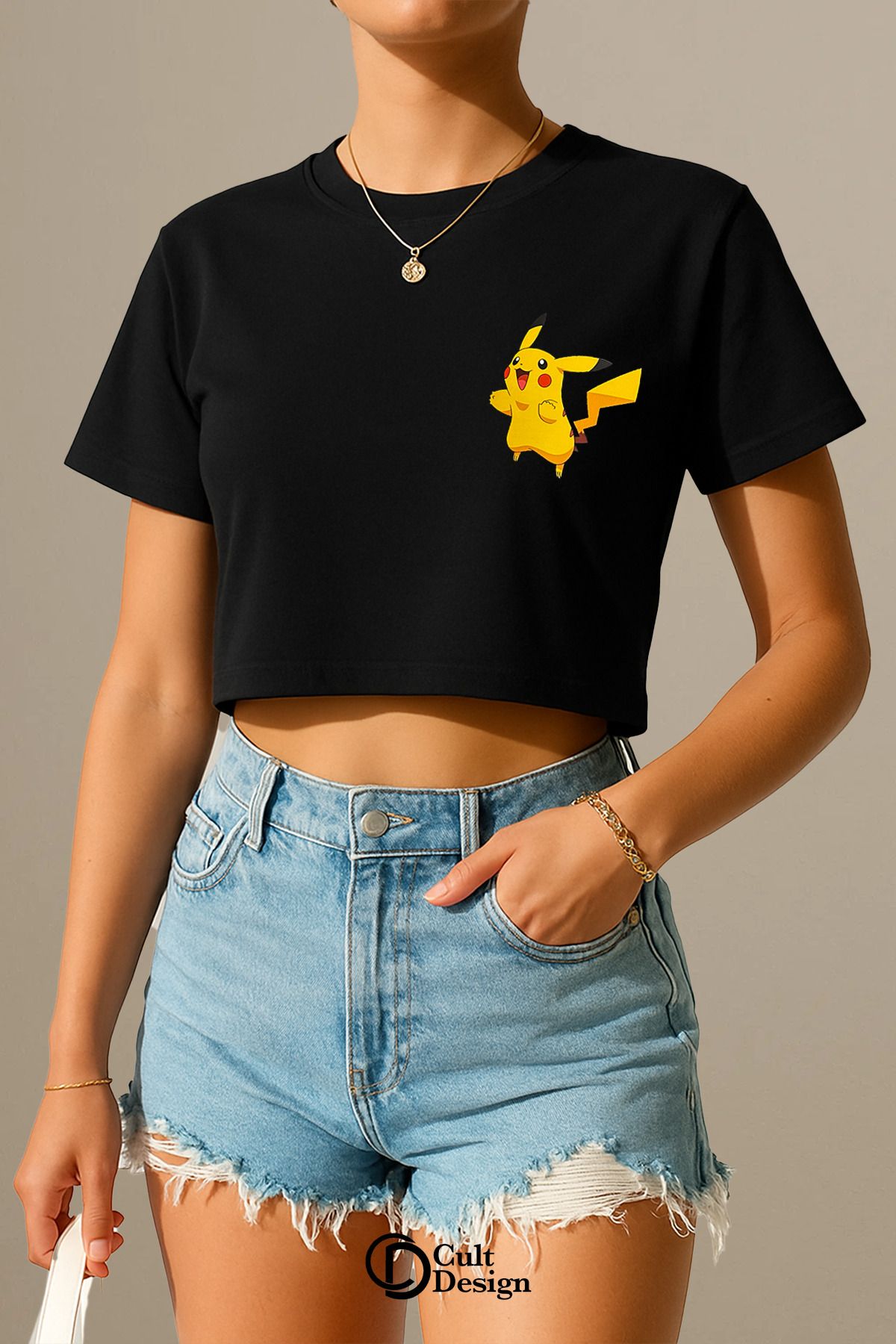 CULTDESİGN Pikachu KADIN Özel Premium Baskılı Basic, Organik Pamuklu, Bisiklet Yaka T-Shirt