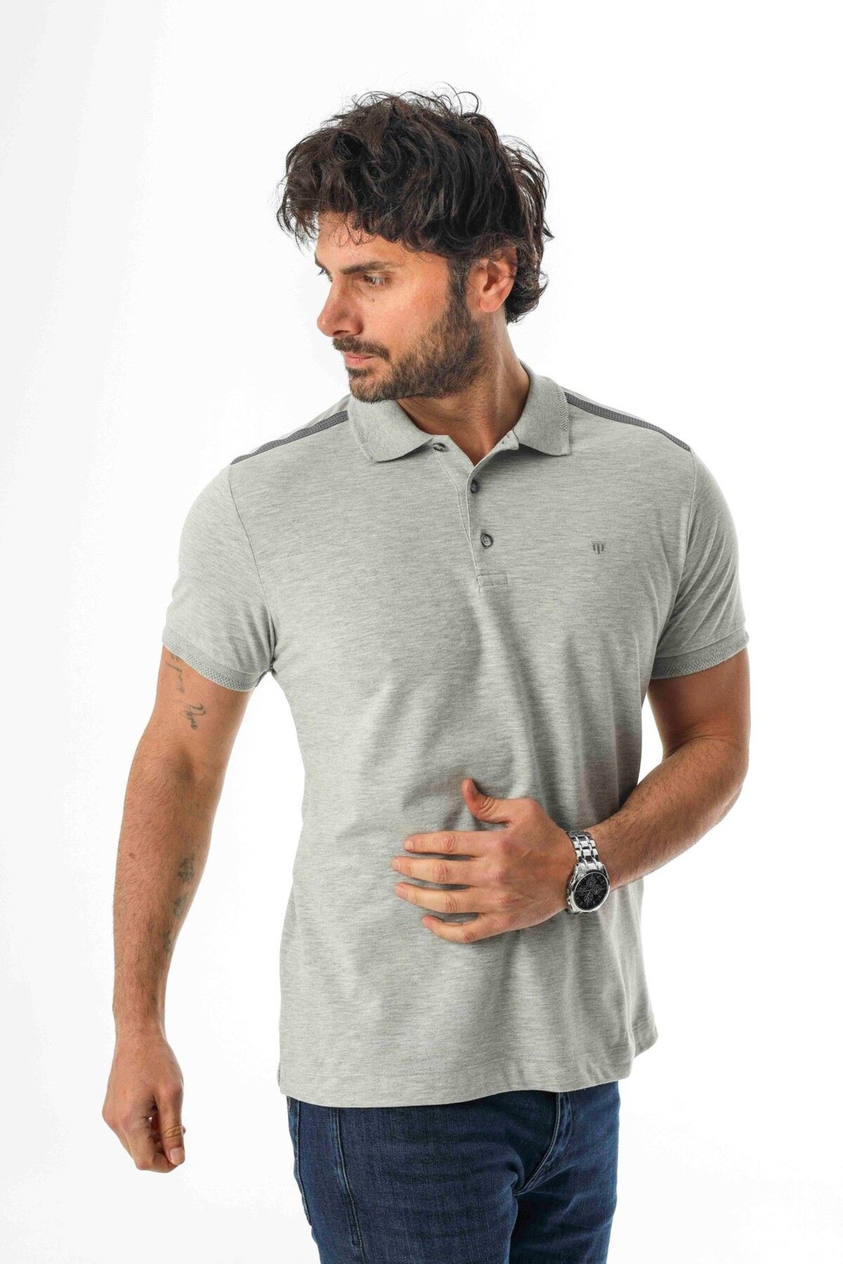 Tony Montana Büyük Beden Polo Yaka Omuz Detaylı Dümeli T-Shirt-PL-3456