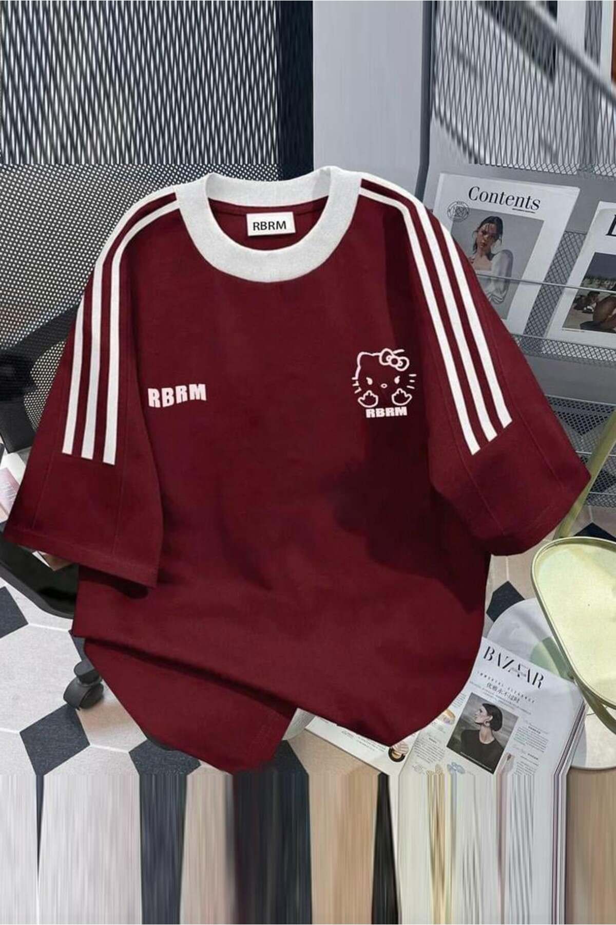 Karakedi Hello Kitty Şeritli Rbrm Bordo Beyaz Unisex Tshirt