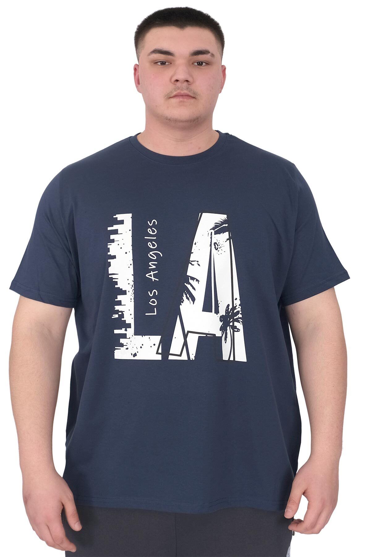 ModeXL Mode XL Büyük Beden Erkek T-Shirt Bisiklet Yaka Los Angeles U25006 Indigo