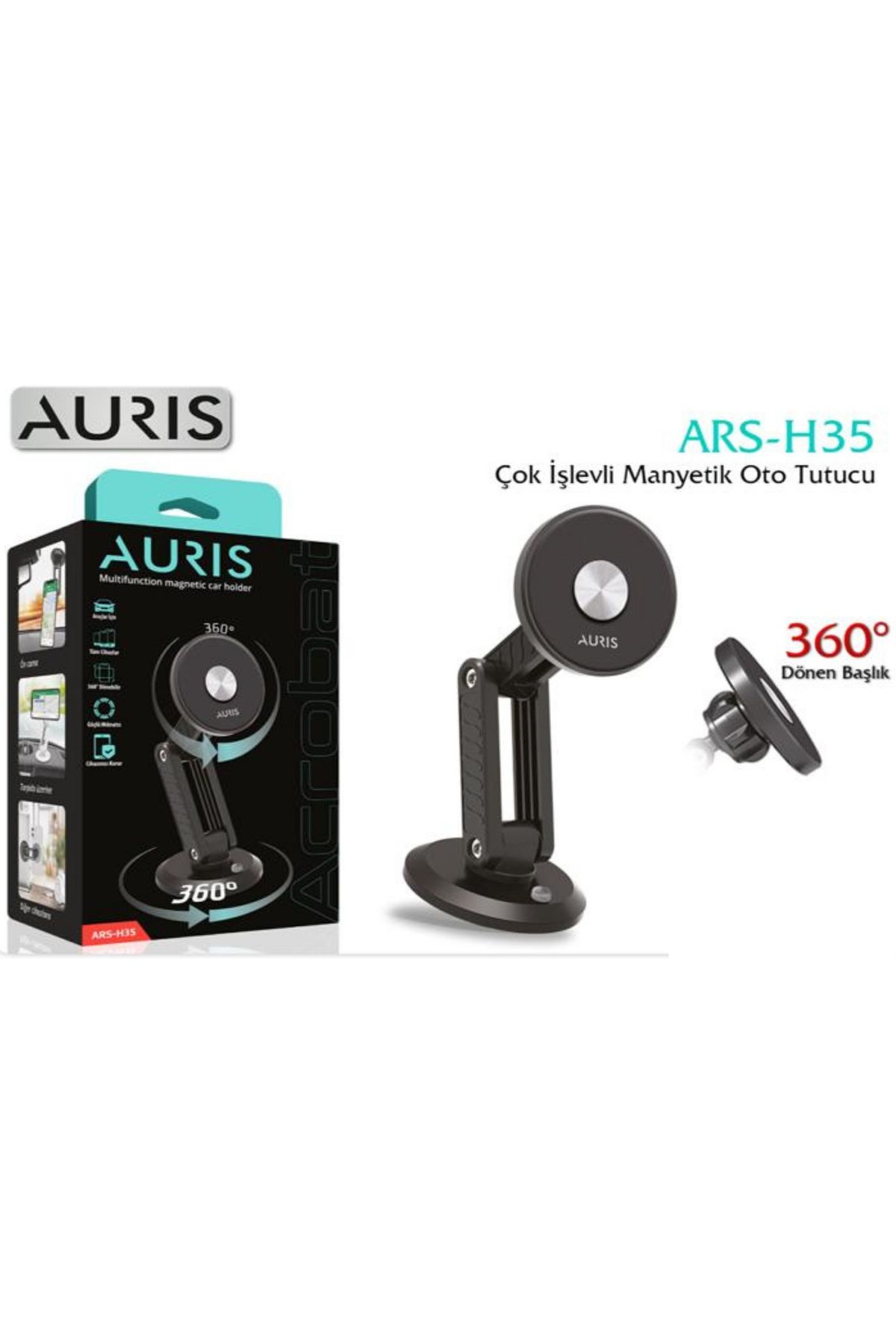 Auris ÇOK İŞLEVLİ MANYETİK 360° DÖNER BAŞLIKLI ARAÇ İÇİ TELEFON TUTUCU