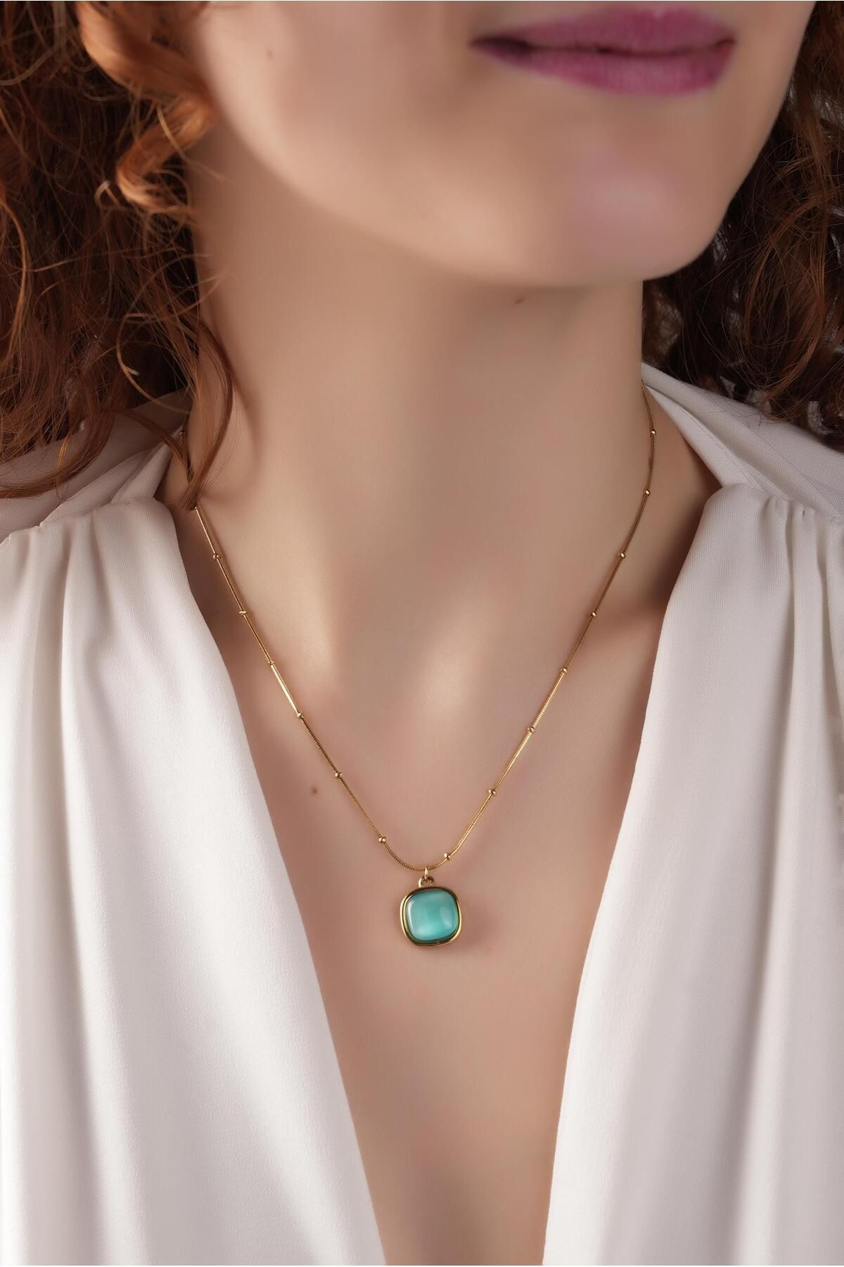 Çlk Accessories Çelik Mavi Kare Taş Topcuk Zincir Kolye 50728