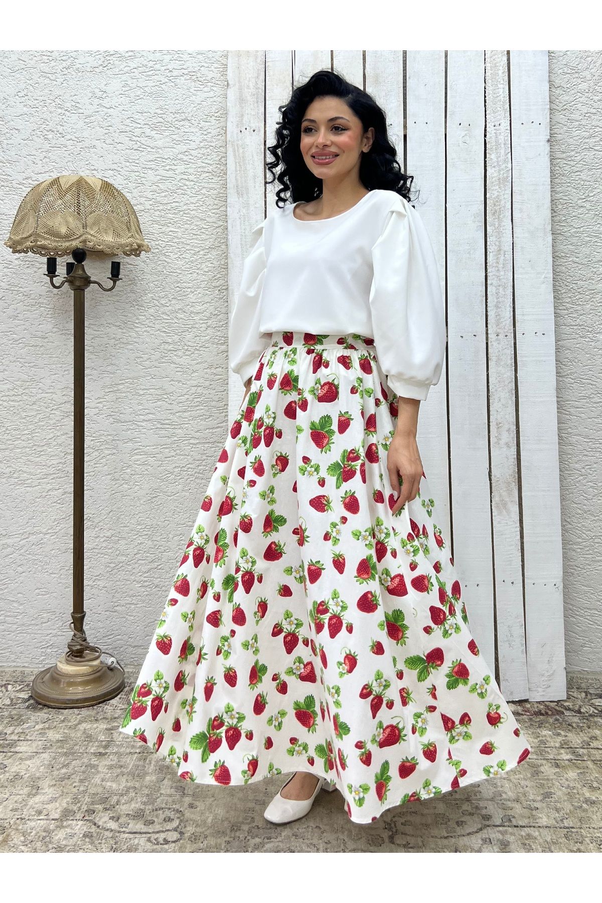 KÜÇÜĞÜM BUTİK Çilek Desenli Kloş Poplin Etek