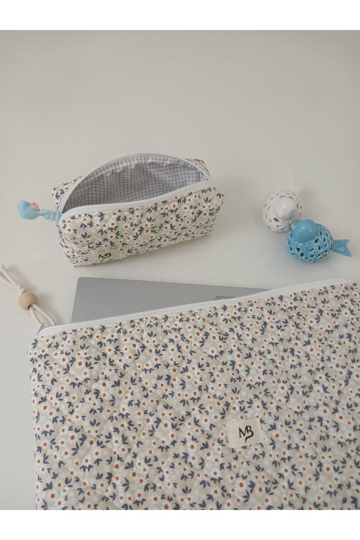 M&B Krem Papatya Desenli laptop-kalem çantası 10-11-12 inç
