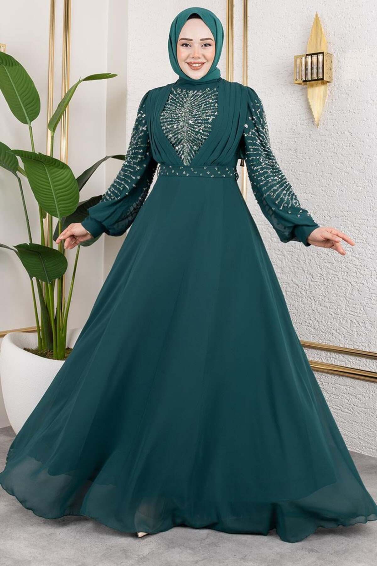 Mec Fashion Taş İşlemeli Şifon Abiye