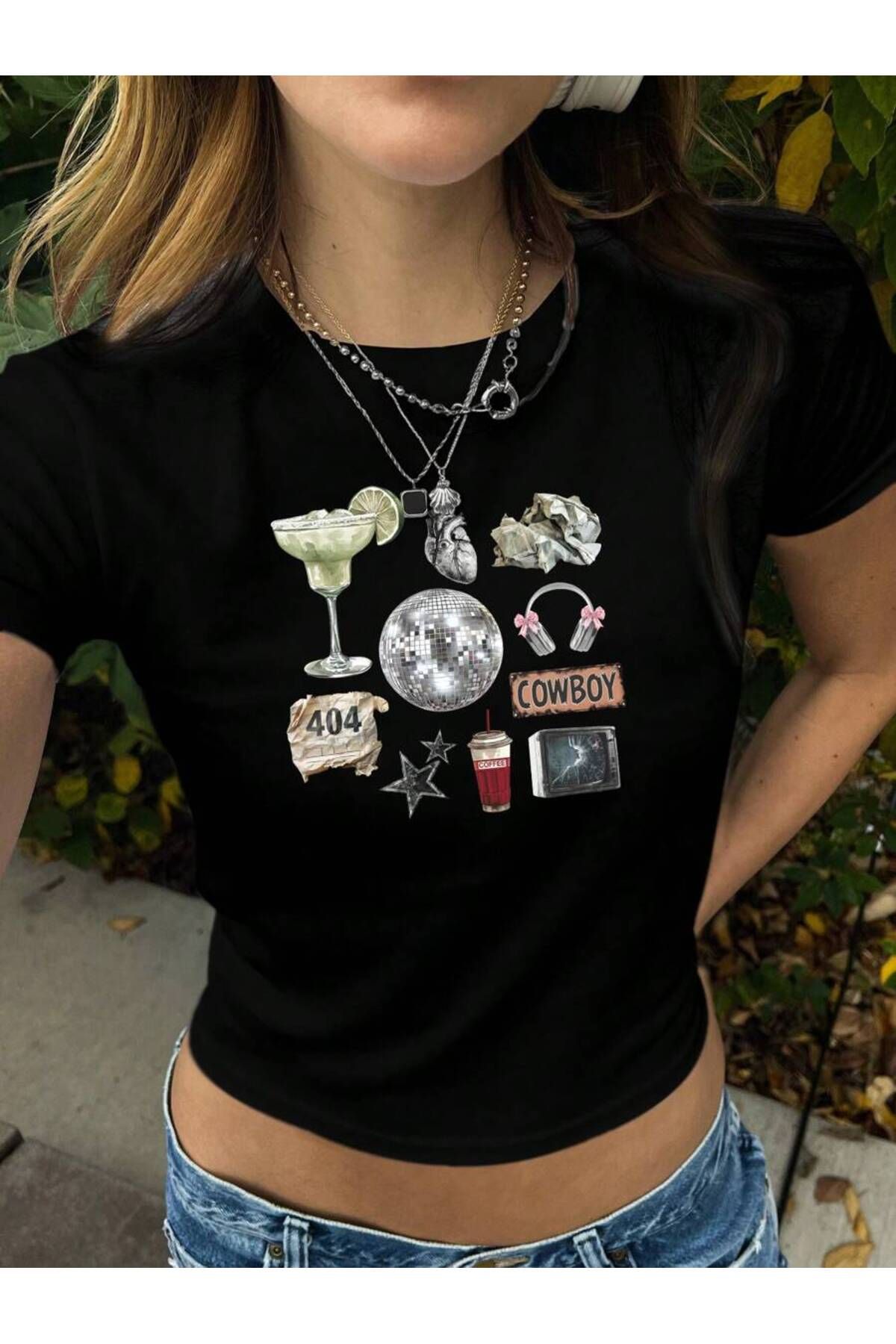 JANSO GROUP - KADIN BASKILI KISA KOLLU CROP TSHIRT PAMUKLU 14