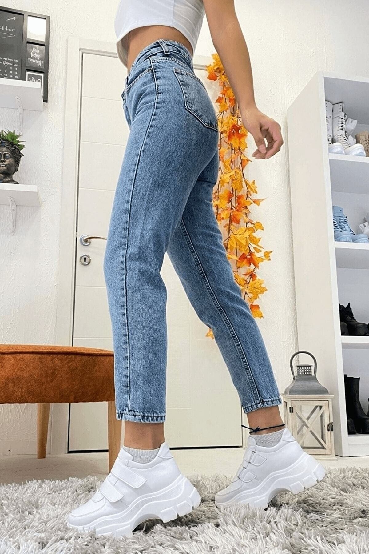 WODDİ Duryn New Kadın Comfort Mom Mavi Kar Mom Rahat Kesim Yeni Sezon-3