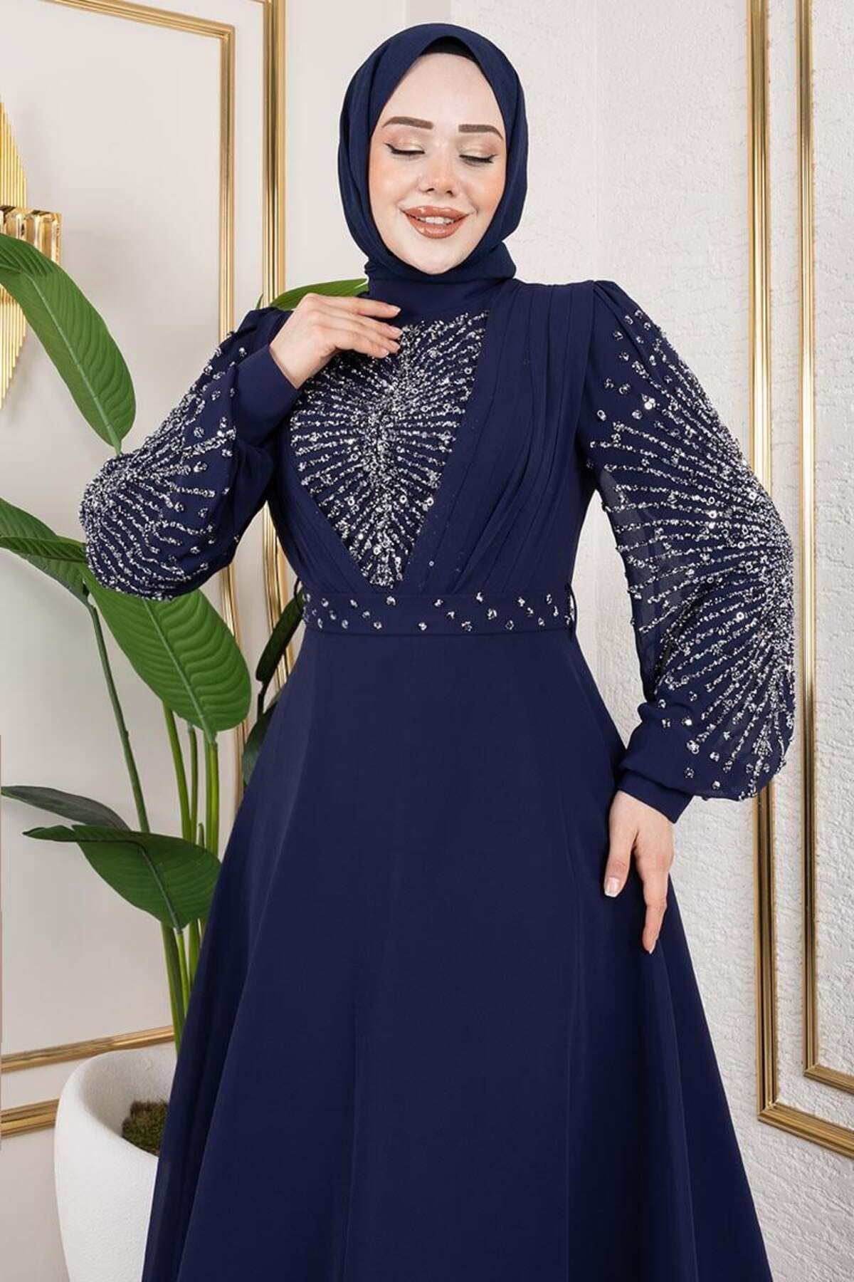 Mec Fashion Taş İşlemeli Şifon Abiye