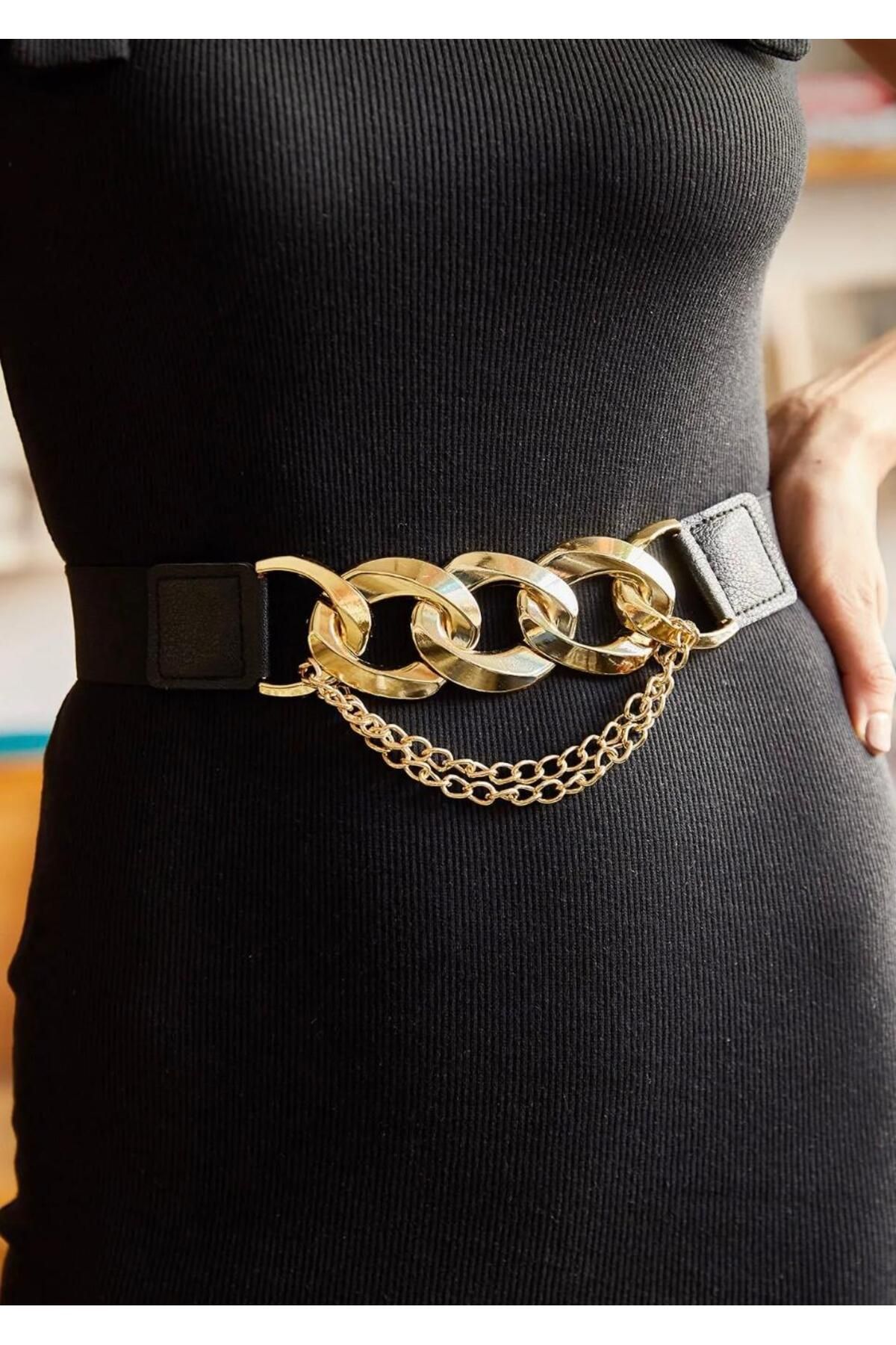 Desre Moda Elastik Gold Tokalı Kadın Kemer Elbise Kemeri Gömlek Kemeri Ceket Kemeri