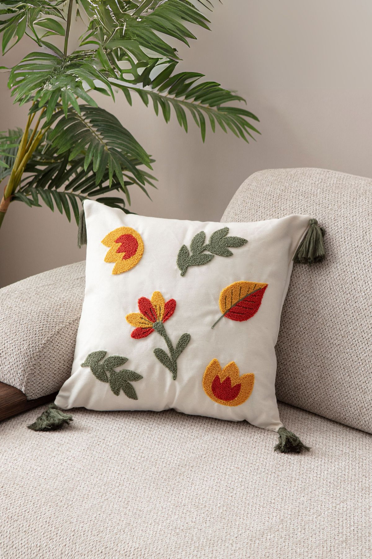 BUGİ HOME COLLECTİON Punch Kırlent Kılıfı Nakış işlemeli Yaprak Desenli Kırlent Kılıfları