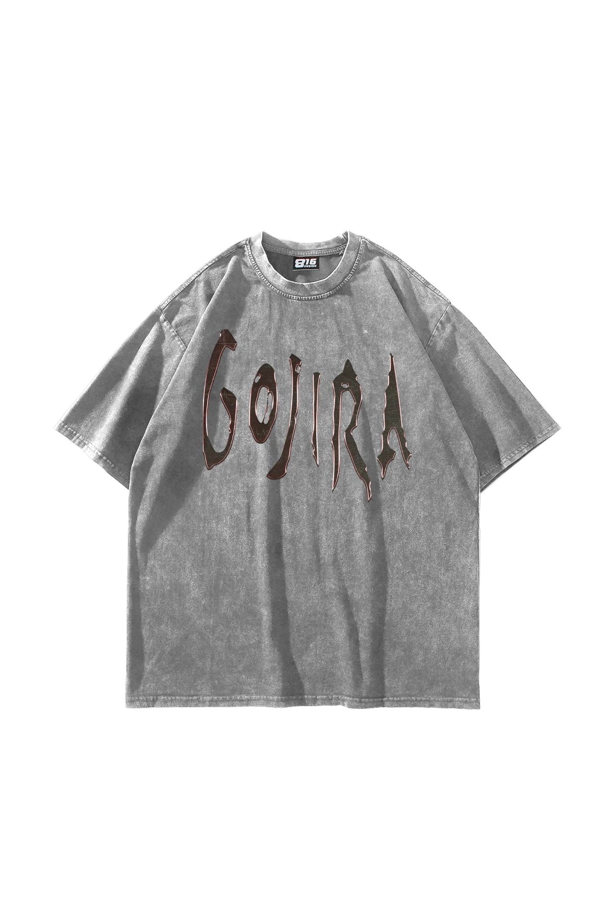 Sekizbiraltı Gojira Baskılı Oversize Unisex Yıkamalı Beyaz Tshirt