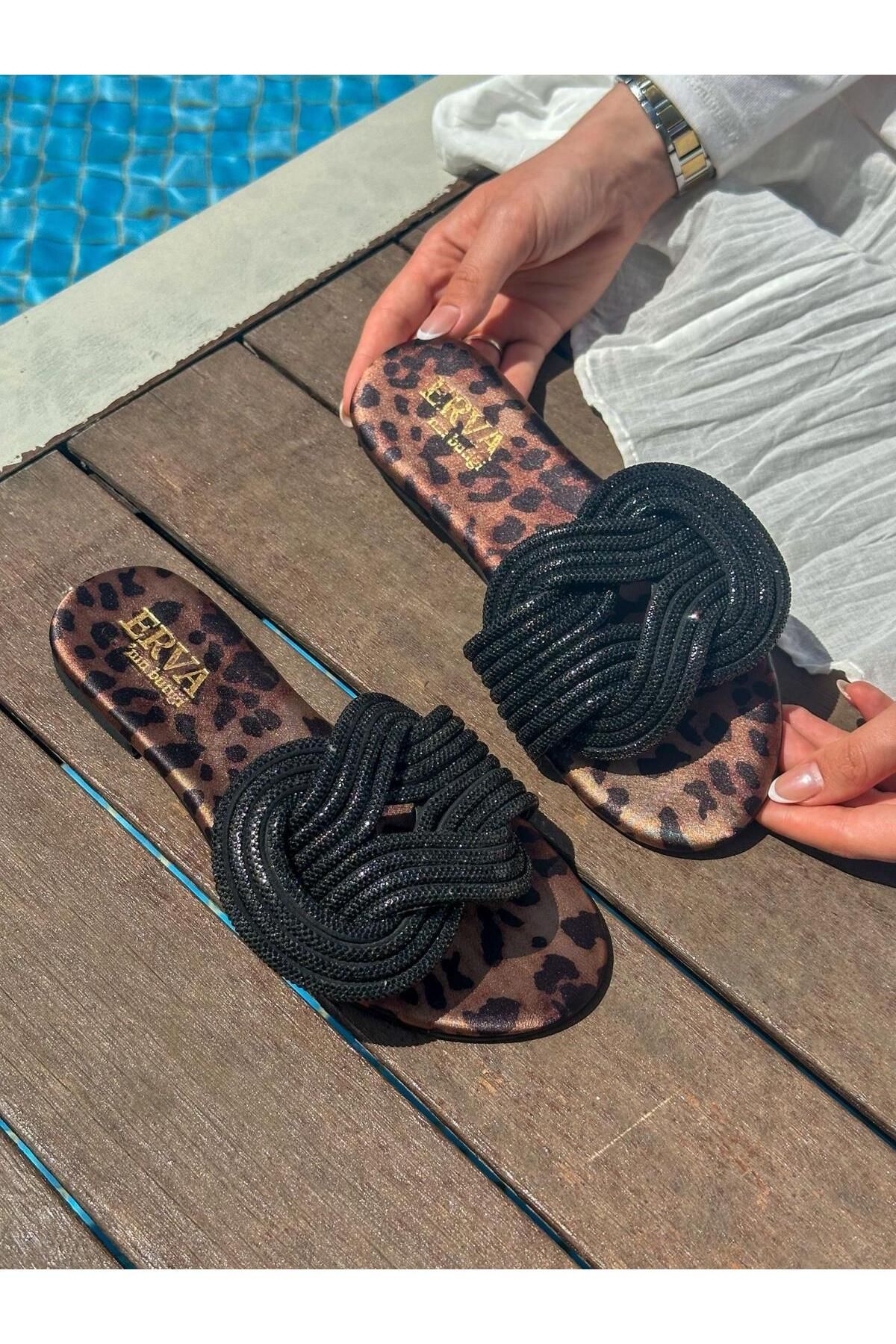 ERVANIN BUTİĞİ Leopar (Wulf) Taş Detaylı Kadın Terlik