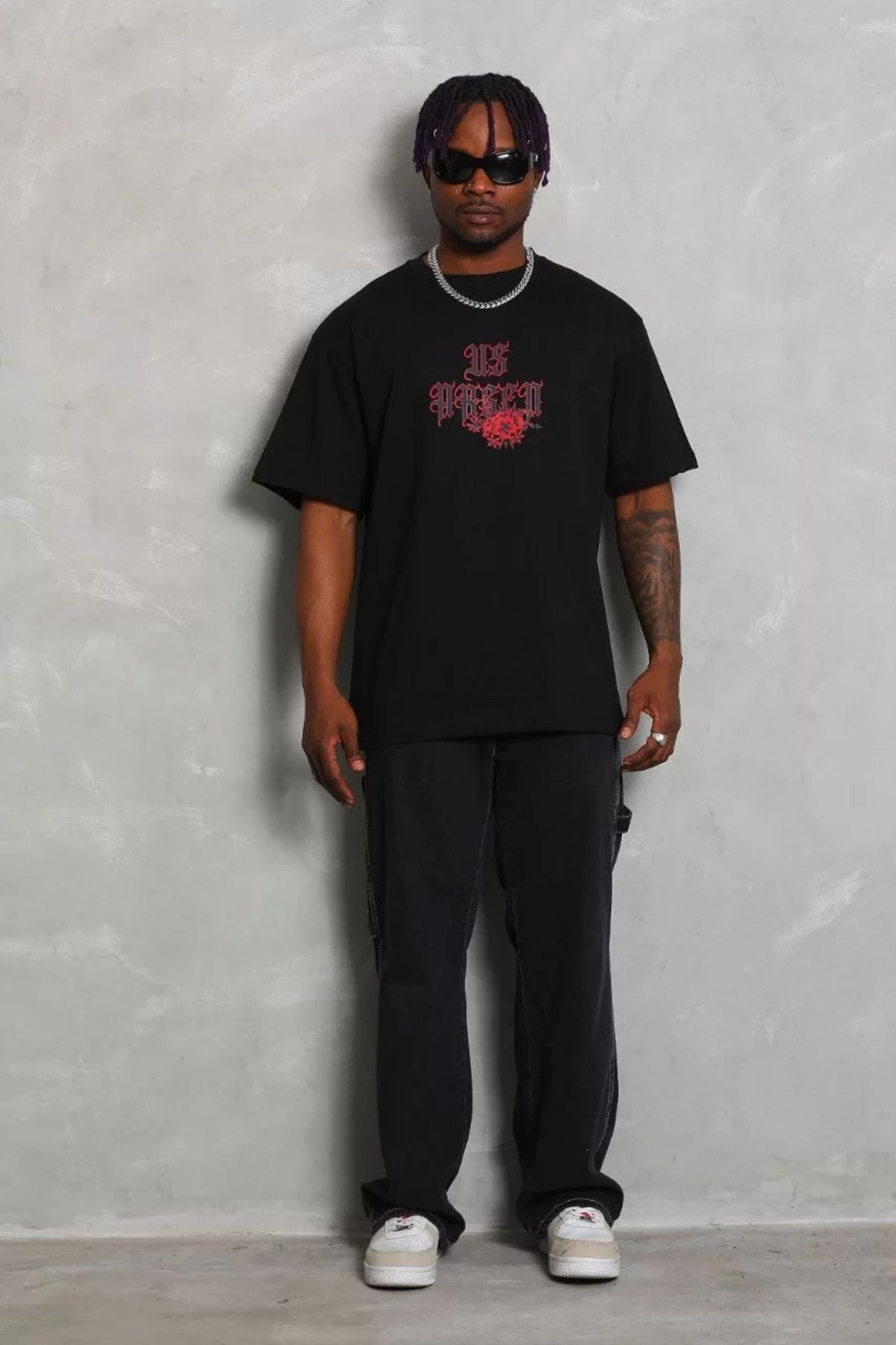 FantaziAtölyesi Unisex Oversize Baskılı Bisiklet Yaka T-Shirt - Siyah