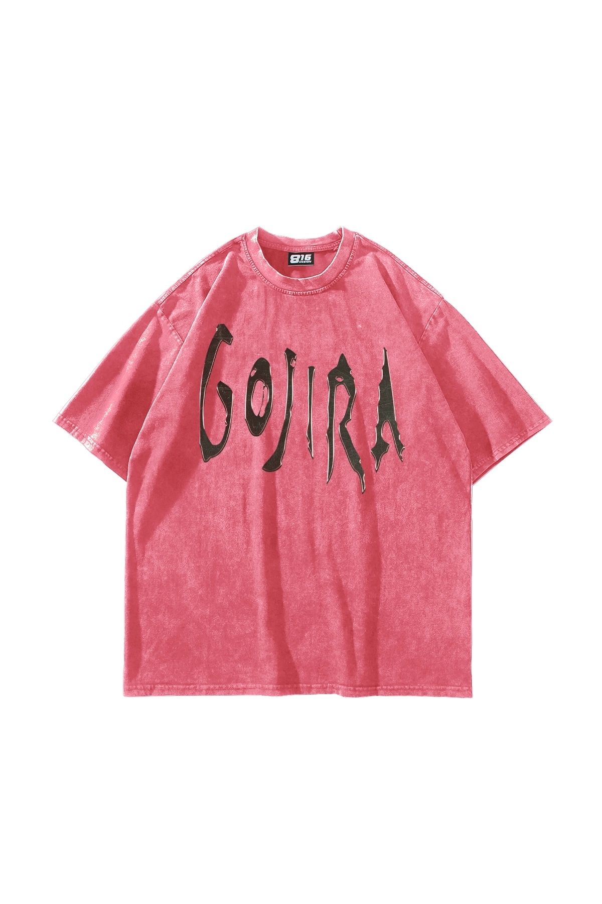 Sekizbiraltı Gojira Baskılı Oversize Unisex Yıkamalı Pembe Tshirt