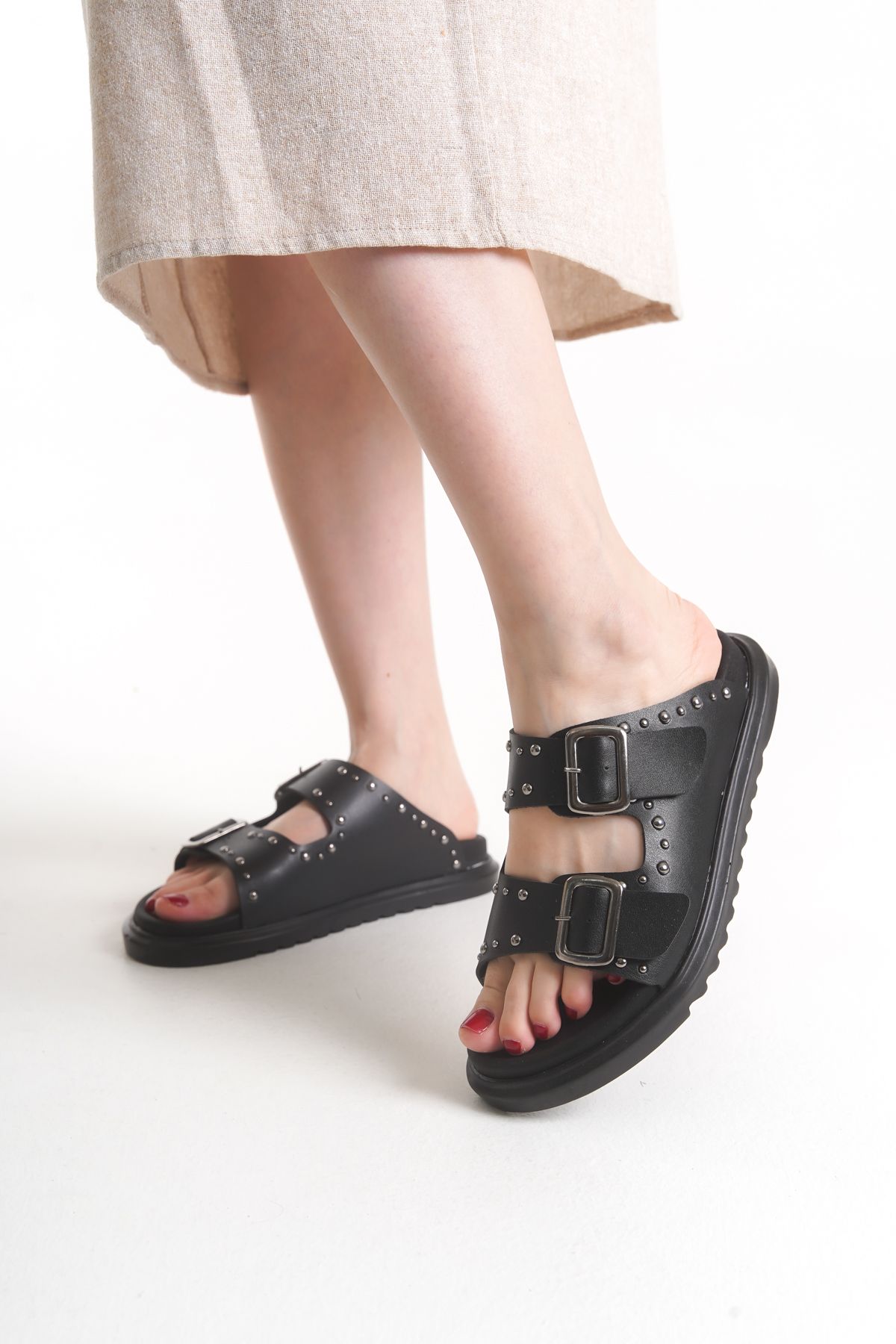 ELAIA SHOES Roxie Çift Tokalı Metal Detaylı Kadın Terlik Siyah