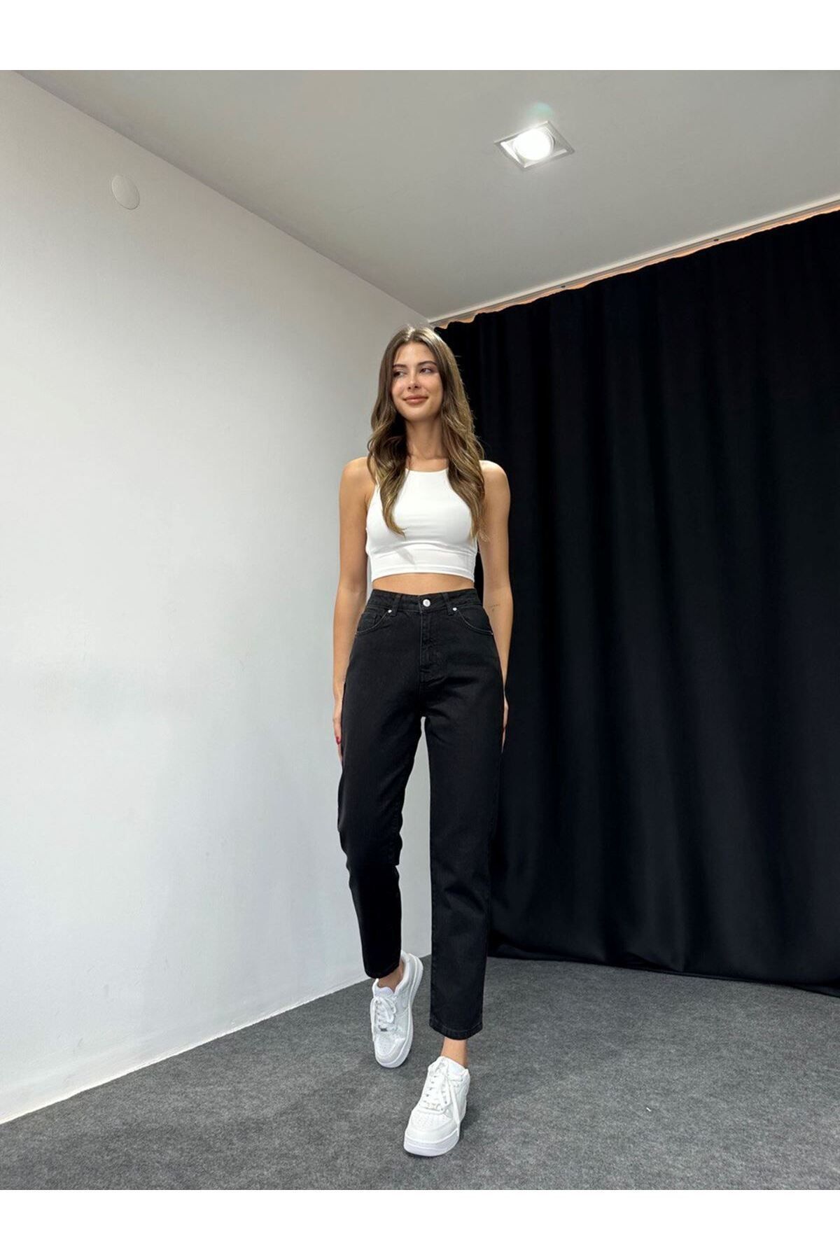 WODDİ Duryn Deny Siyah Mom Kadın Yüksek Bel Siyah Mom Jeans Likralı Esnek Kot Pantolon Rahat-2