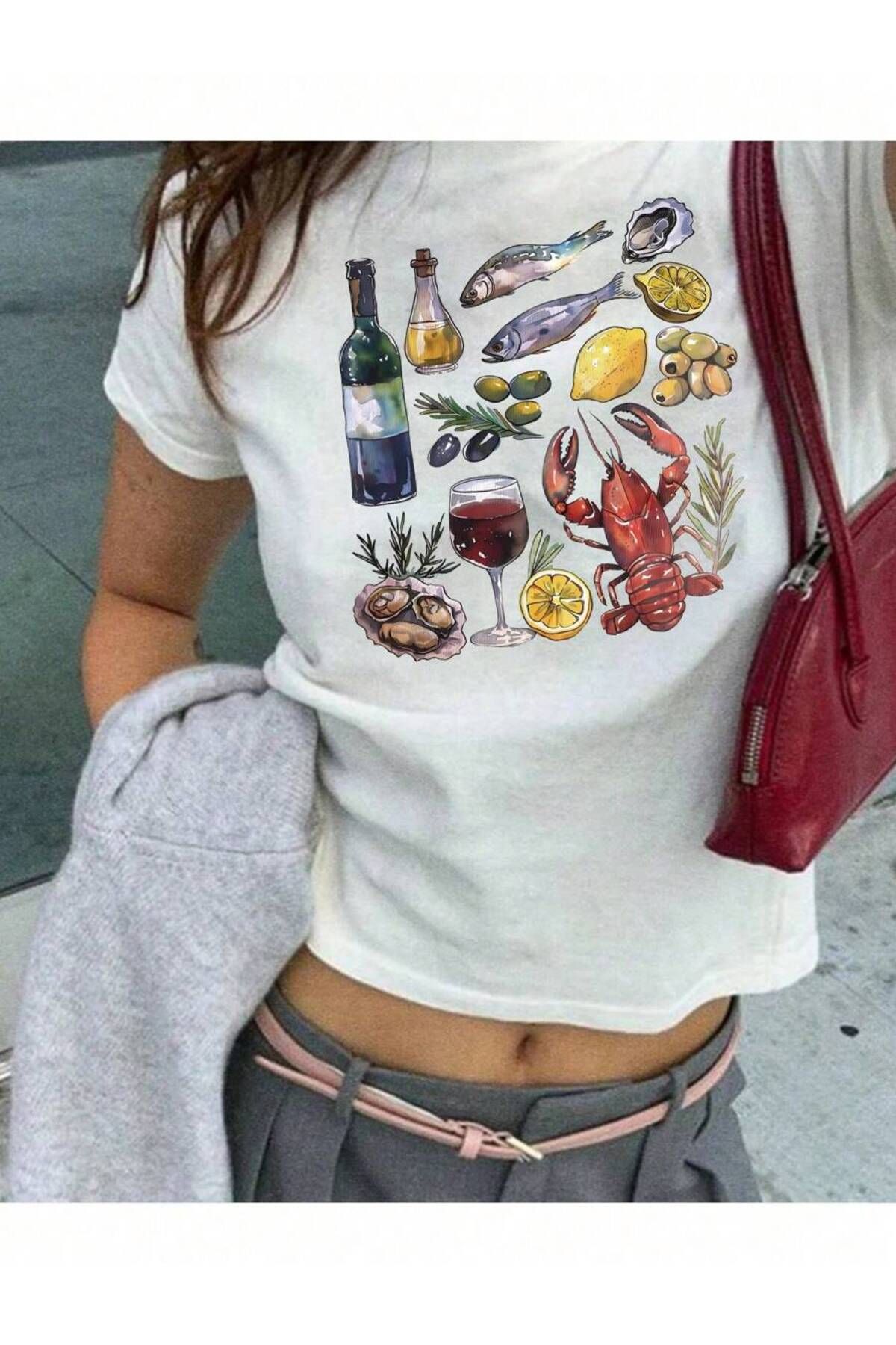 JANSO GROUP - KADIN BASKILI KISA KOLLU CROP TSHIRT PAMUKLU 14