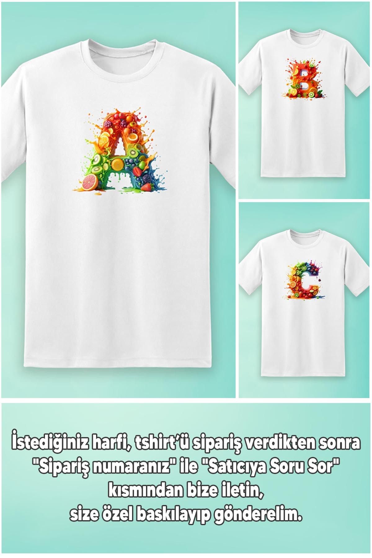 362BASKI Kişiye Özel Renkli Meyveler Temalı Harf Baskılı Tshirt