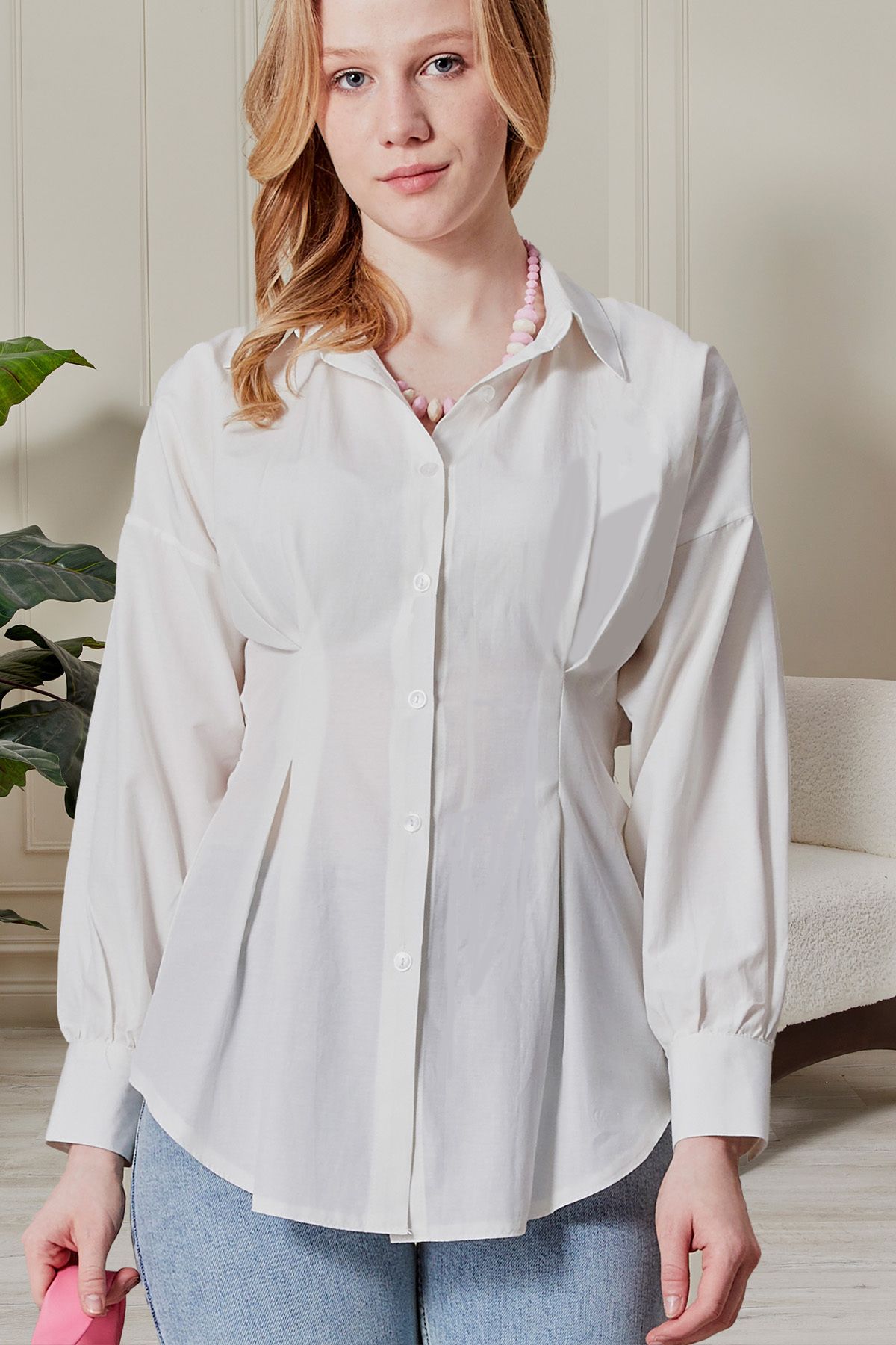 fumel women's clothing Kadın Ekru Pileli Arka Gipeli Belden Oturmalı Tunik
