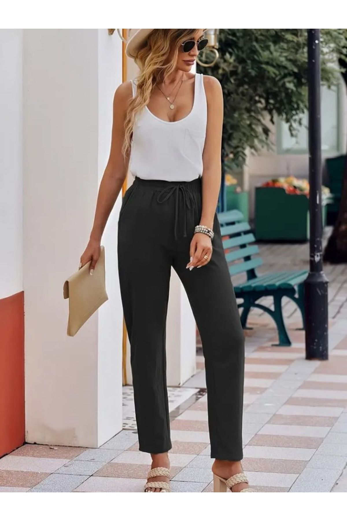 velmorafashion Kadın Beli Lastikli Keten Pantolon