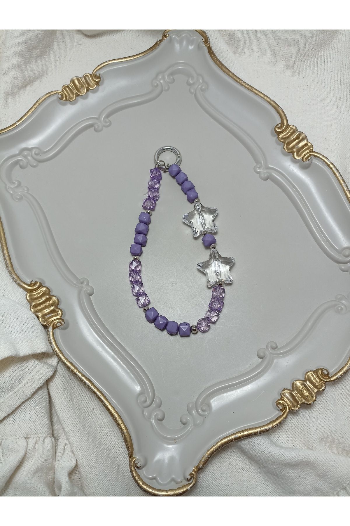 ida design store mor ve kristal boncuk ile kristal yıldız detaylı telefon ve çanta charmı