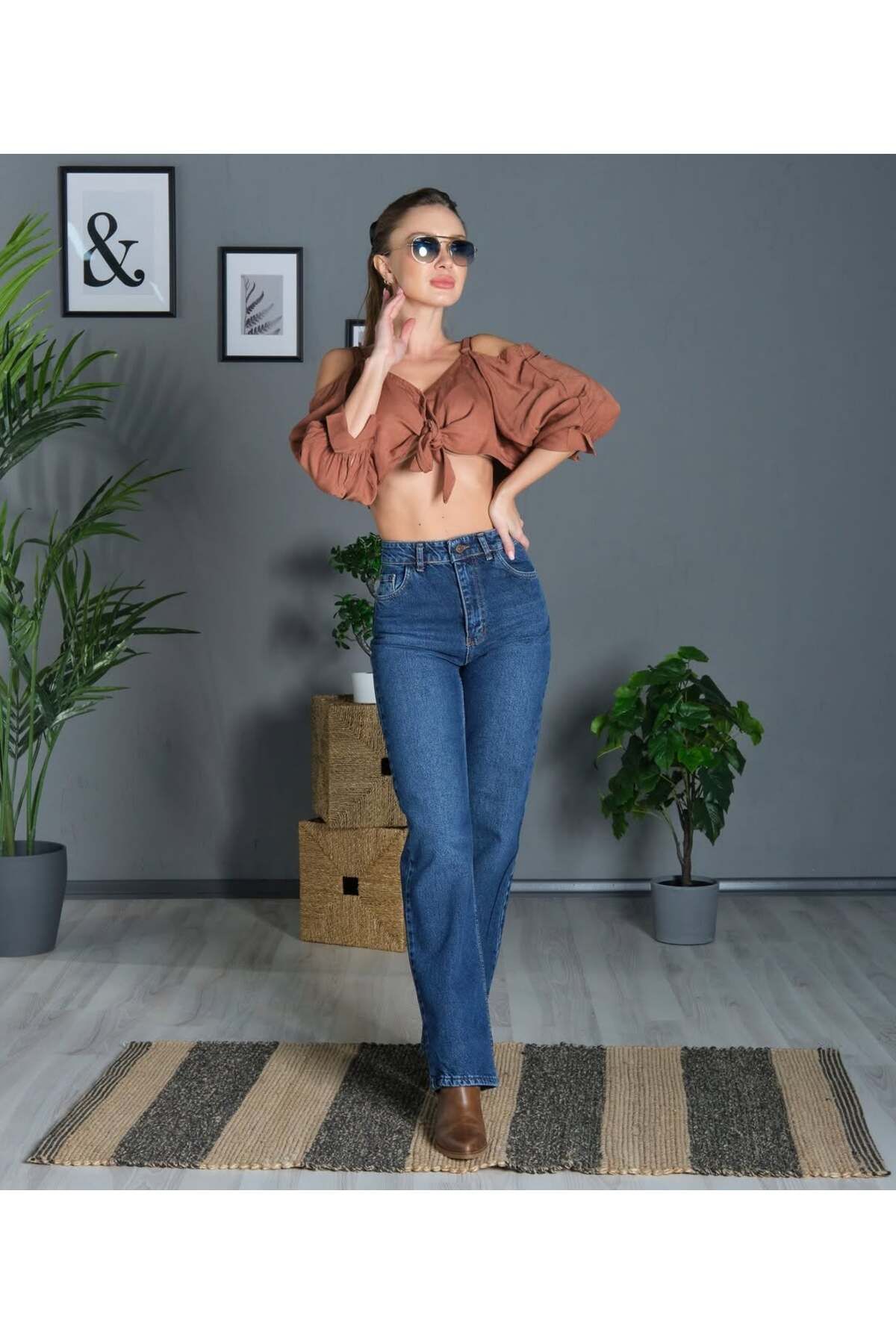 Bluezoni Kadın Yüksek Bel Soluk Efekt Vintage Geniş Paça Palazzo Jean