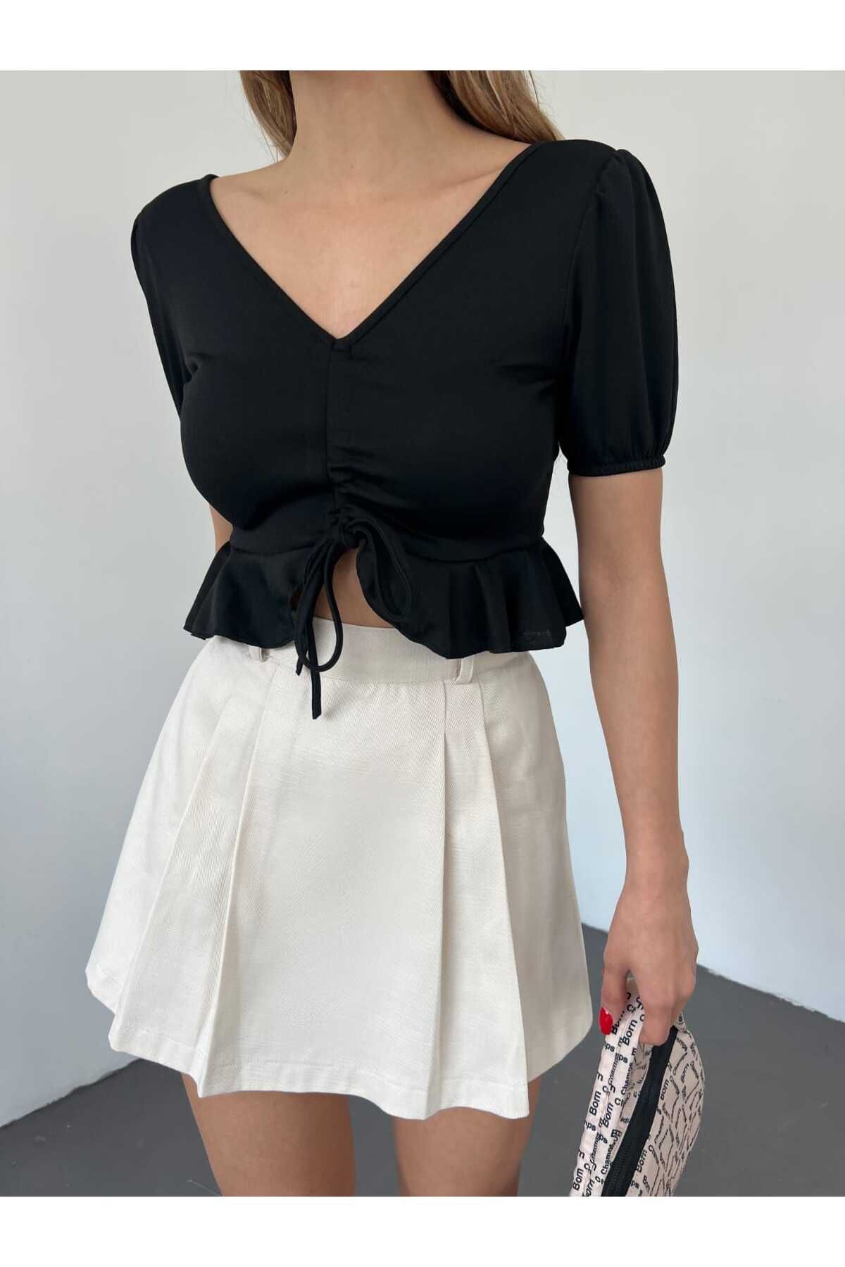 tomıross Pelin Kadın Sırtı Açık İpli Kısa Kollu Crop Bluz PELIN-5714
