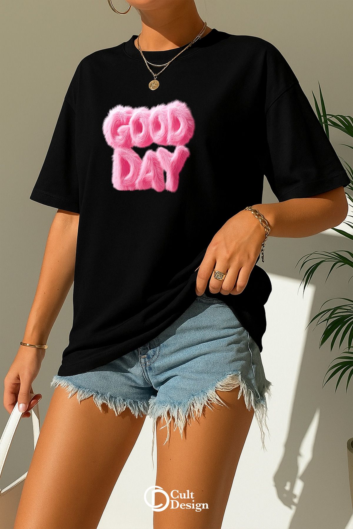 CULTDESİGN Good Day KADIN Özel Premium Baskılı Basic, Organik Pamuklu, Bisiklet Yaka T-Shirt