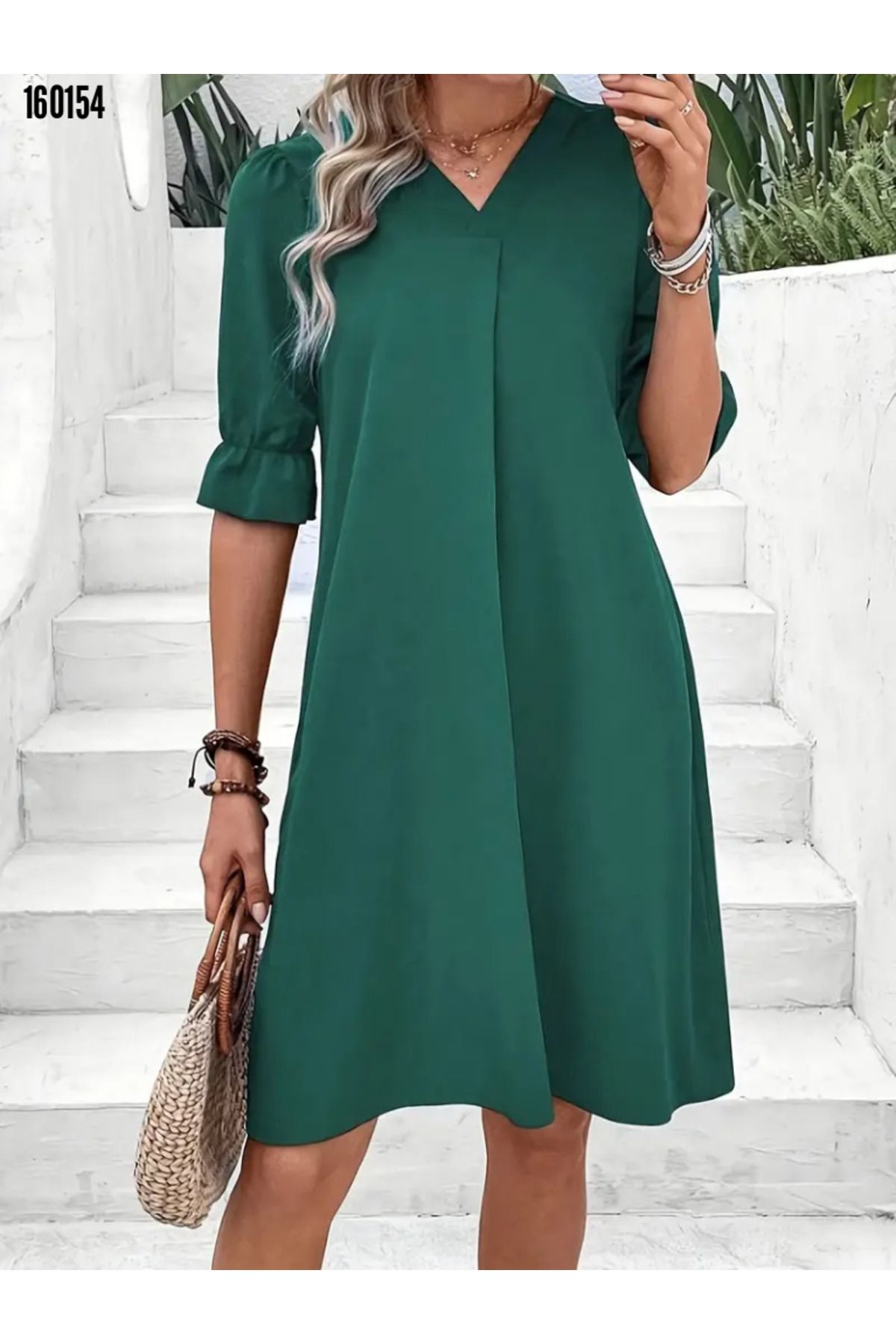 Kokosh moda Kadın Kısa Kollu V Yakalı Salaş Model Krep Elbise