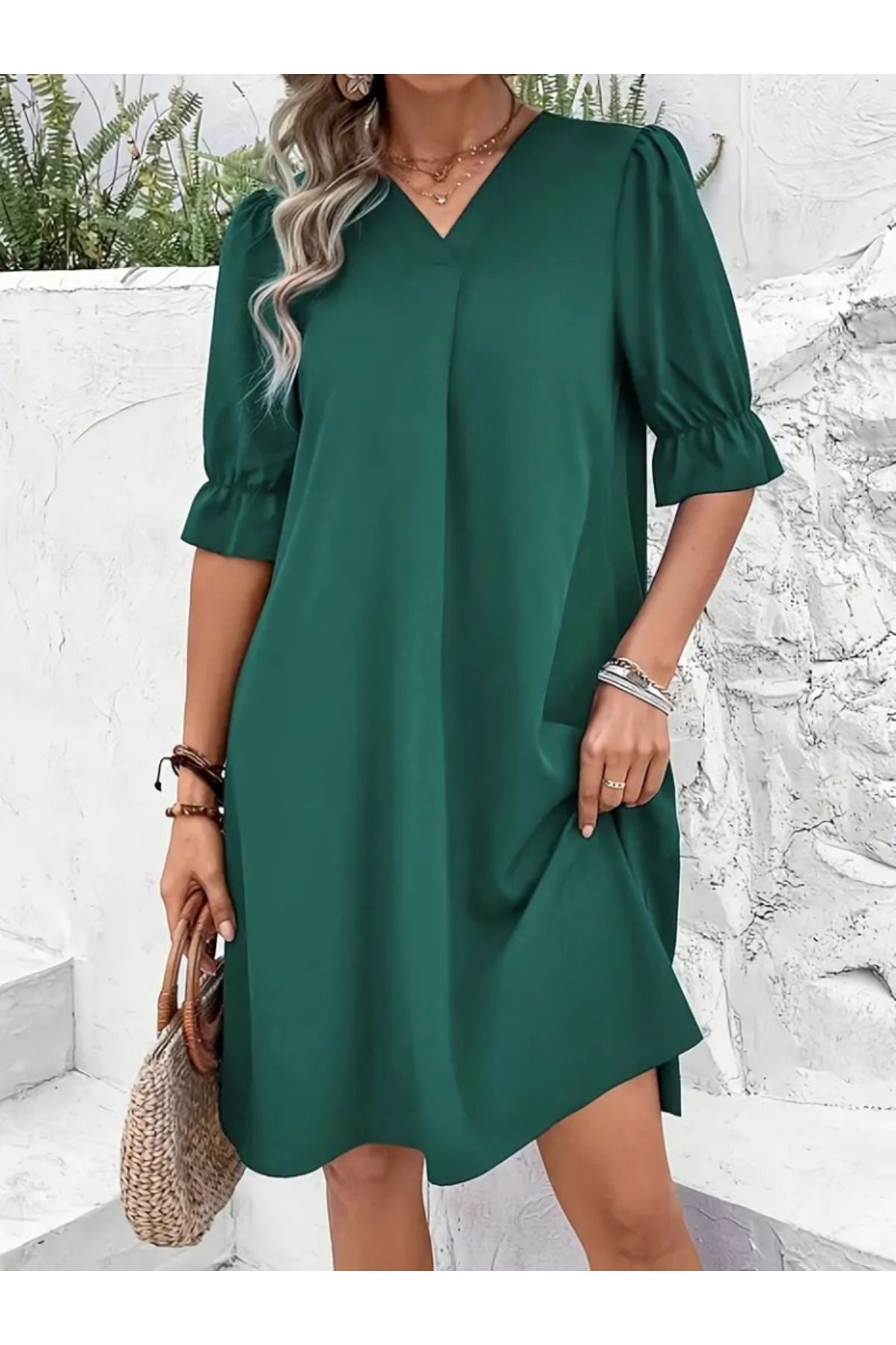 velmorafashion Kadın Kısa Kollu V Yakalı Salaş Janjan Krep Elbise