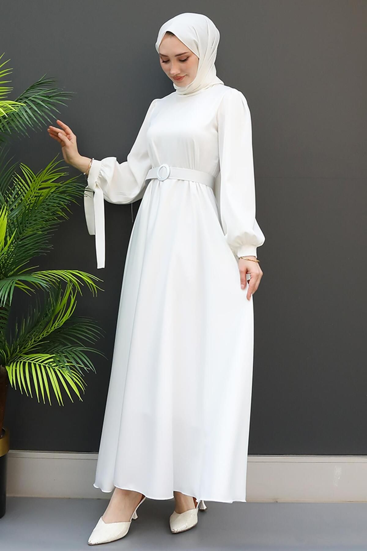 GİYZAMİLA-Satin Belted Dress White 4