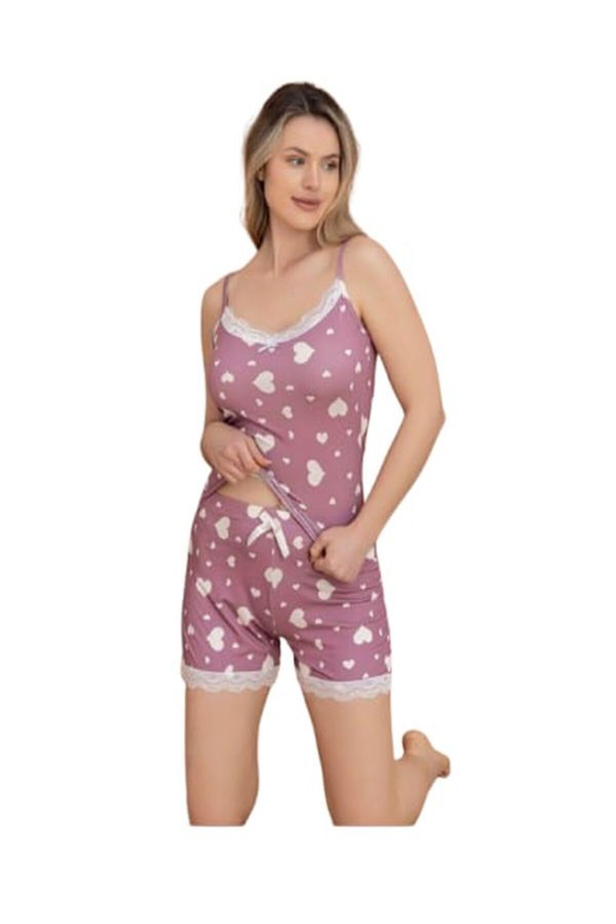 Manolya Kadın Milan Kumaş Mor Kalp Desenli Yaka ve Paça Güpürlü İp Askı Pijama Takımı