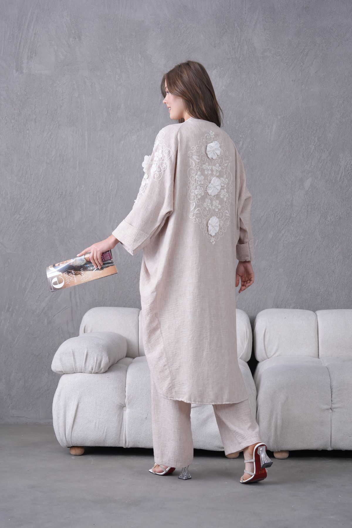 Miss Allos Kadın Arkası Ve Kolları Nakışlı Çiçek Ve İnci Süslemeli Keten Kimono Hırka Ve Pantolon Alt Üst Takım
