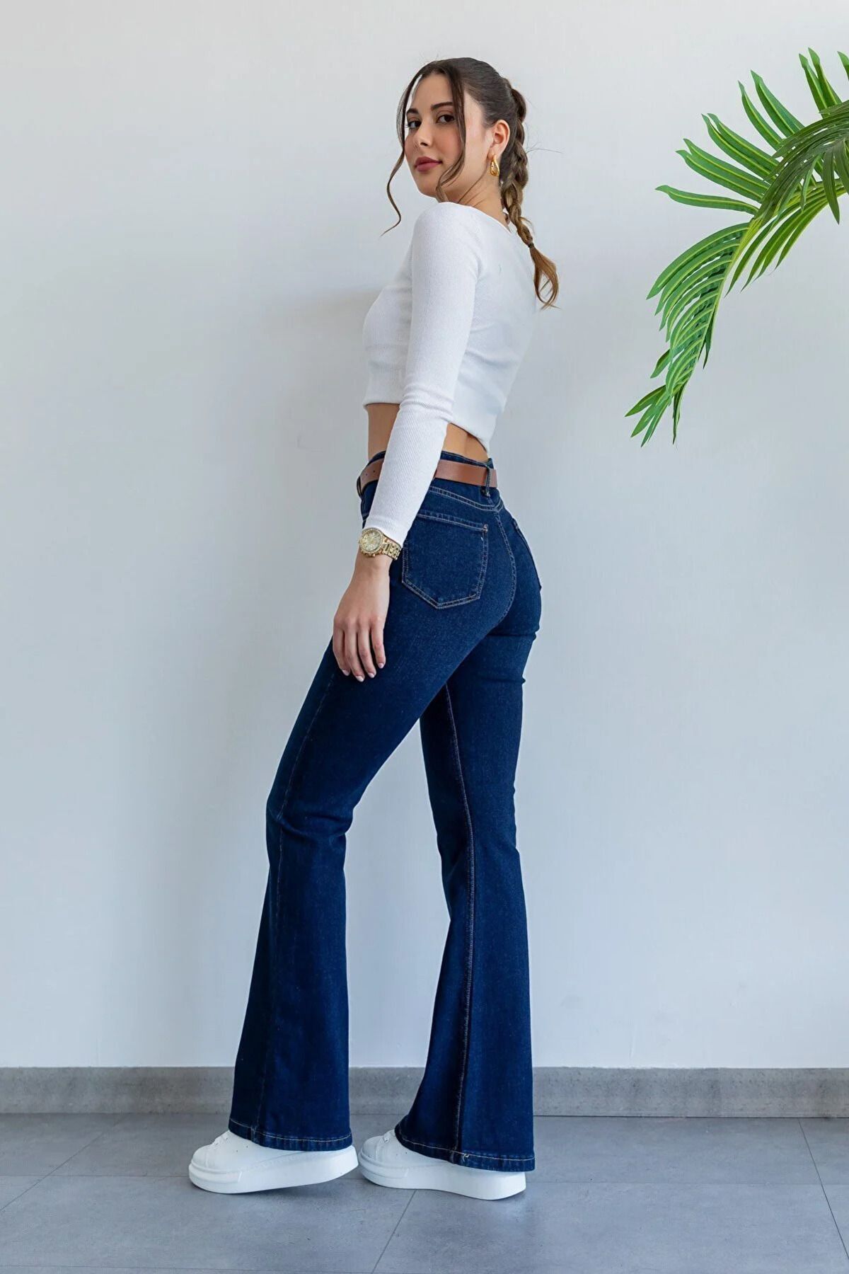 WODDİ Duryn Kadın Yüksek Bel Lacivert Ispanyol Paça Pantolon Likralı Esnek Jeans-2