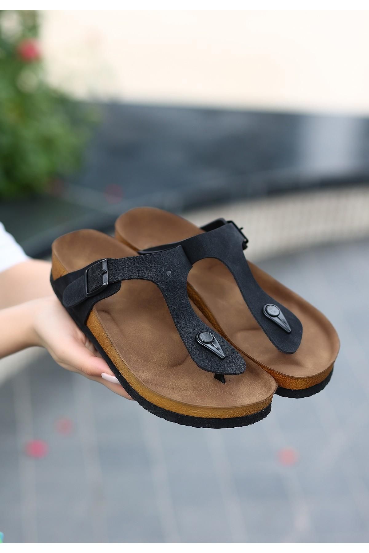 Nil Shoes Aksar Siyah Nubuk Parmak Arası Terlik