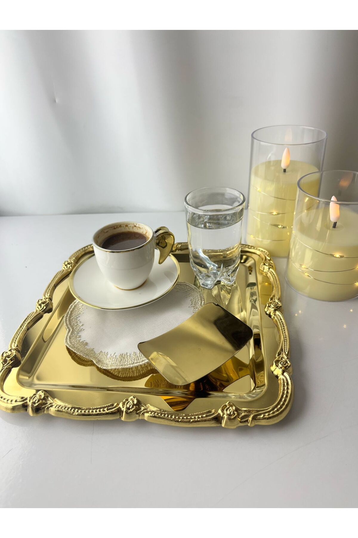 Moon Dizayn GÜMÜŞ GOLD İŞLEME TASARIM TEPSİ KAHVE SUNUM TEPSİSi SETİ 2 KİŞİLİK 2 ADET