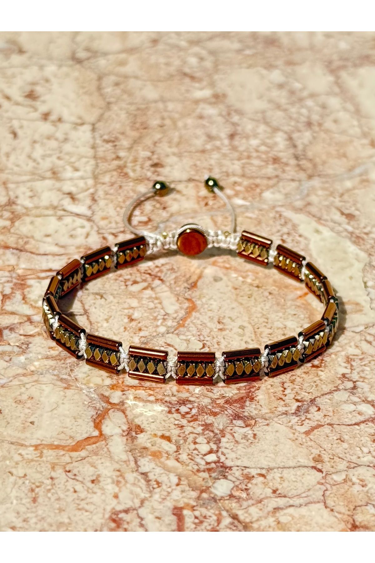 Sırlı Taş Hematit Bileklik - Lotus Bright Brown Gold Bileklik - Tasarım Bileklik Özel Kesim Ayarlanabilir