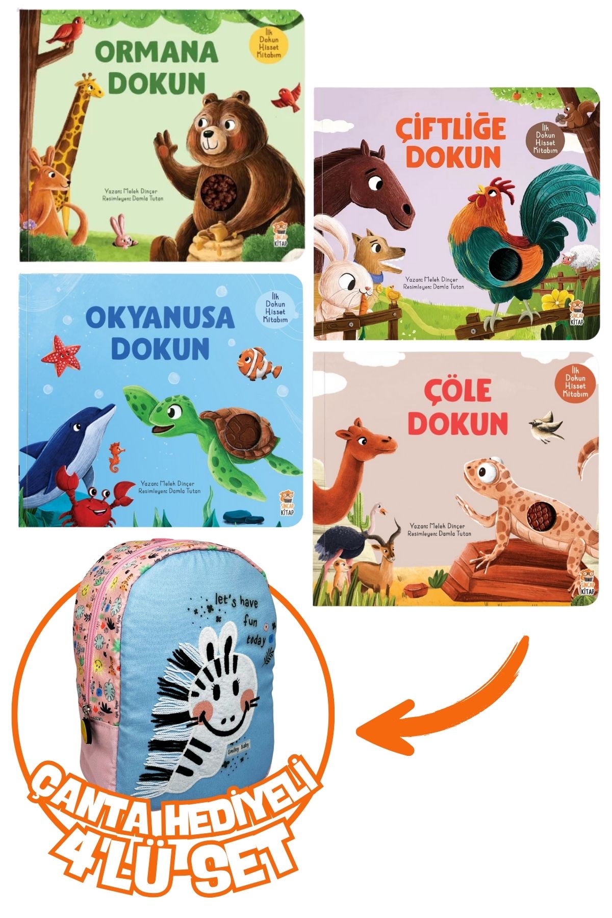 Sincap Kitap İlk Dokun Hisset Kitabım-Çöl/Okyanus/Orman/Çiftlik 4'lü Set+Hediye Smiley Baby Zebra Anaokul Çanta