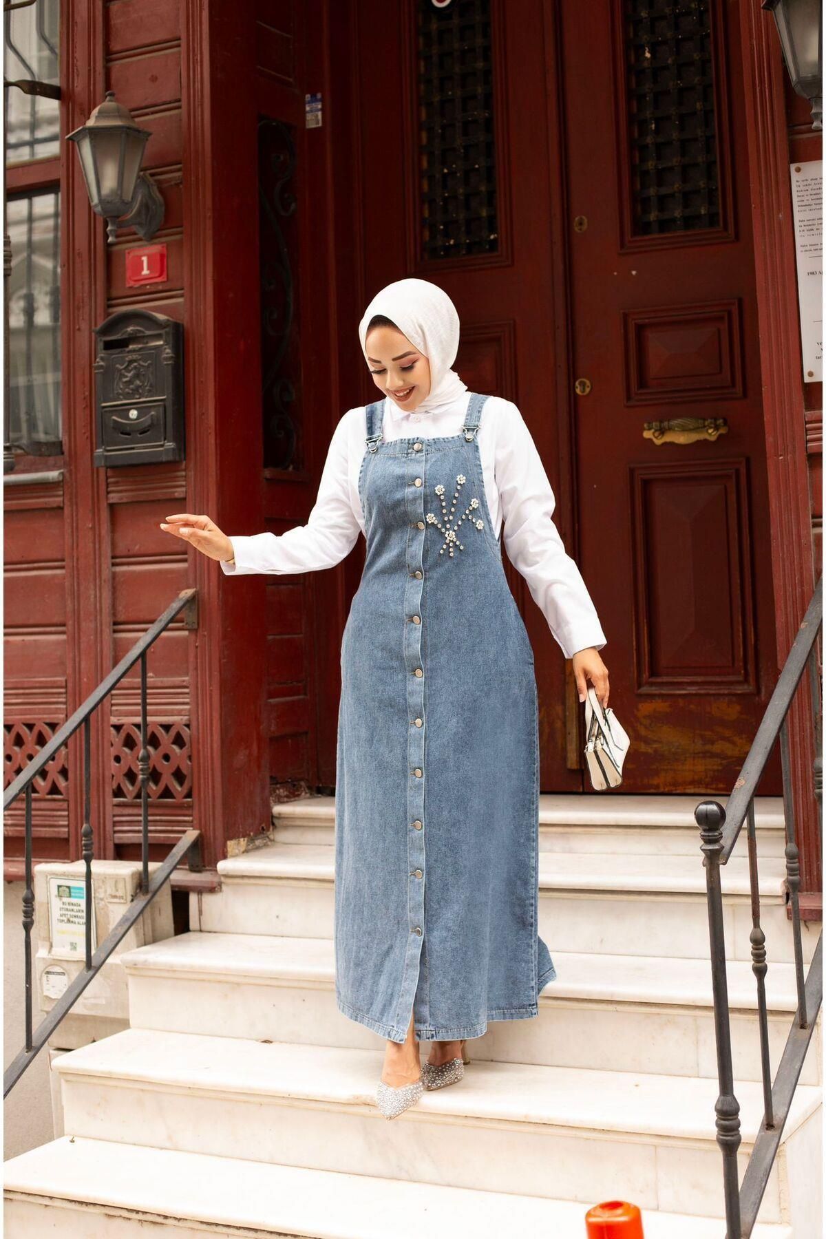 HARMAN BUTİK-Stone Detailed Women's Denim Salopeet 5