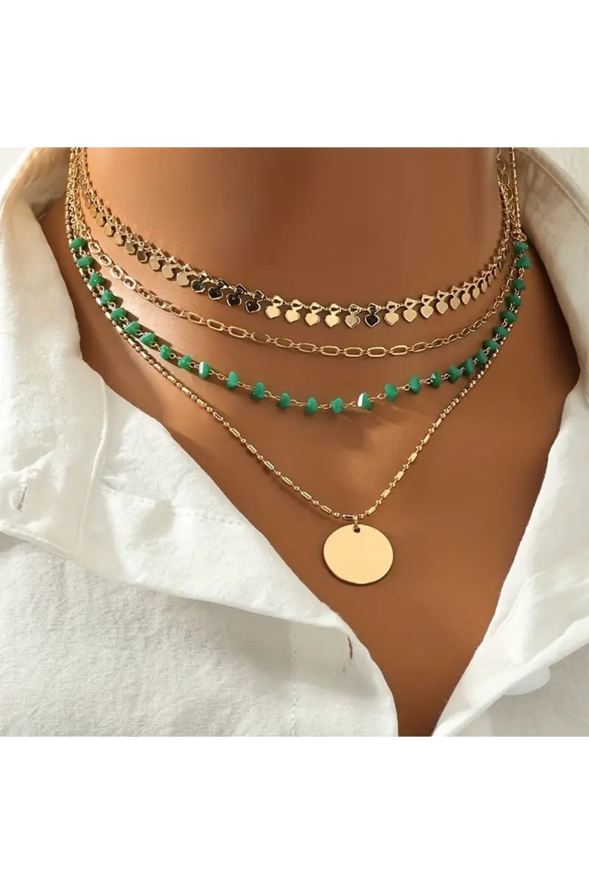 muheres 4 lü Set Kombin Doğaltaş ve Zincir Detaylı Kolye