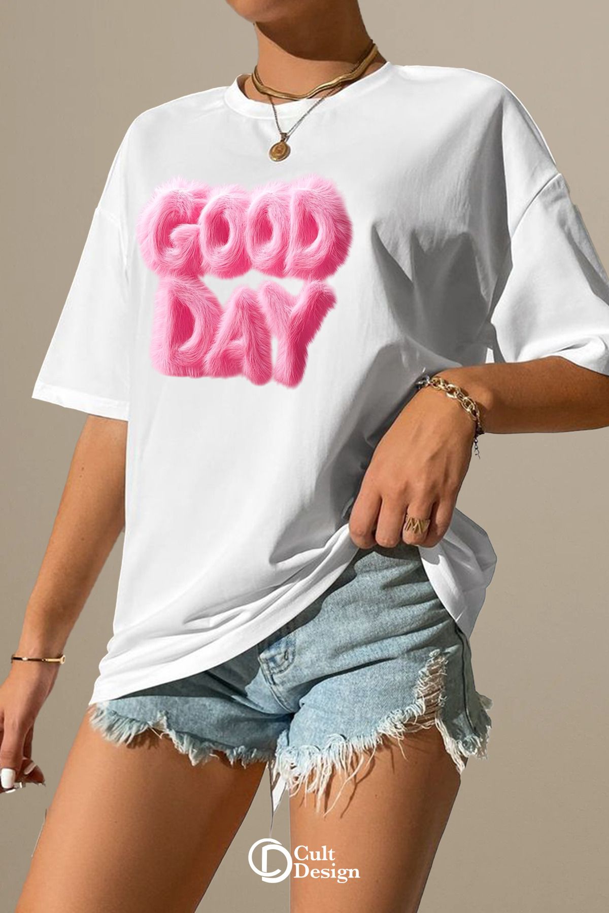 CULTDESİGN GOOD DAY KADIN Özel Premium Baskılı Basic, Organik Pamuklu, Bisiklet Yaka T-Shirt