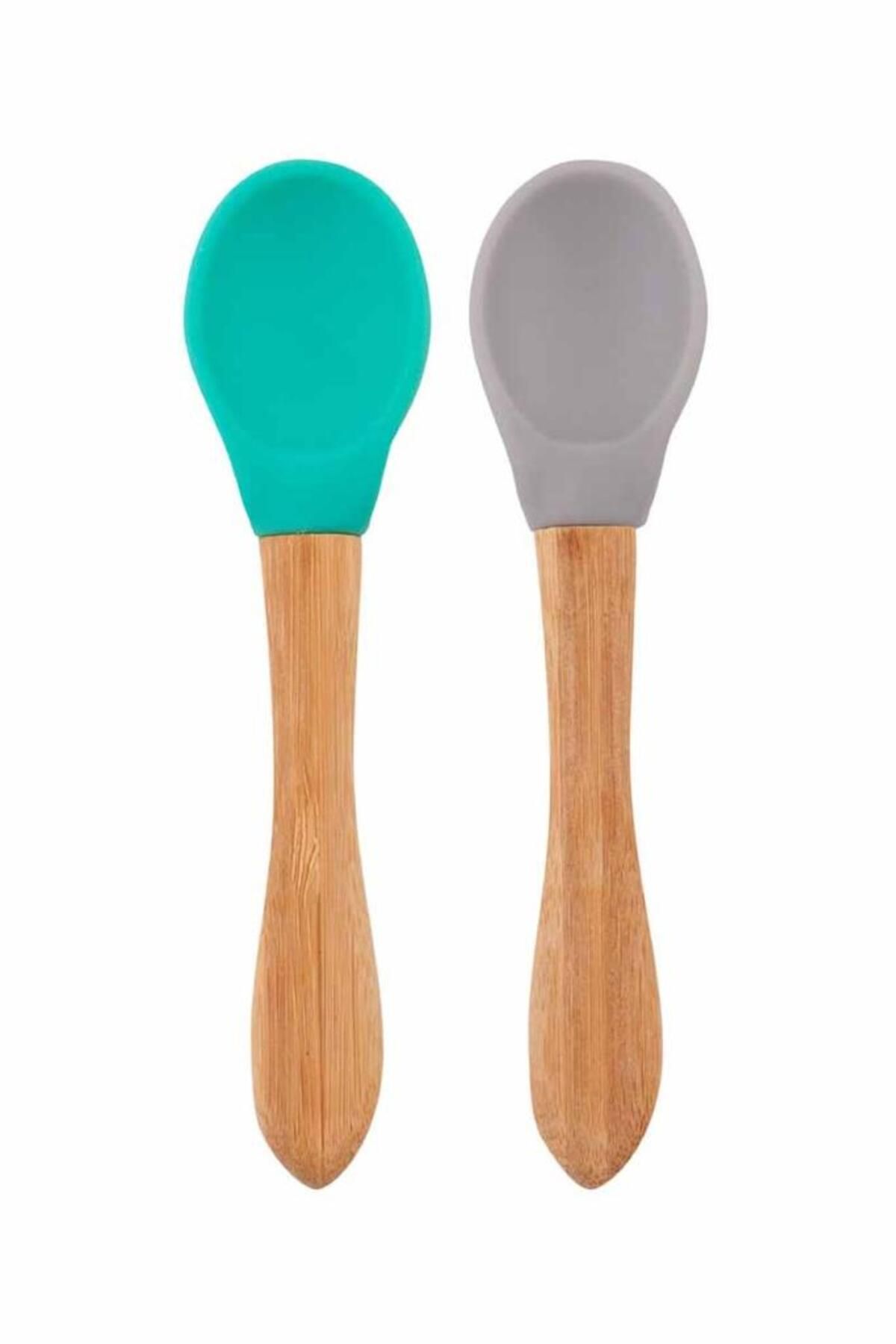 Skygo Bambu Saplı Silikon Mama Kaşığı 2li Aqua Green / Powder Grey