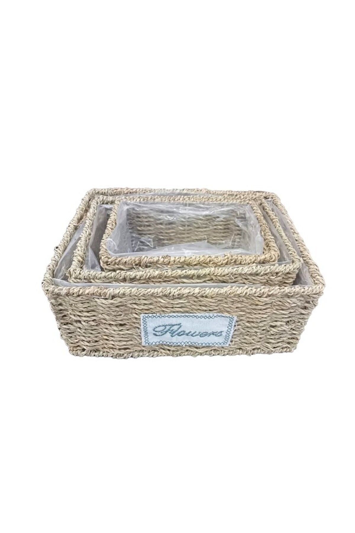 KfksStore Dikdörtgen Doğal Hasır Saksı Seti - 3 lü