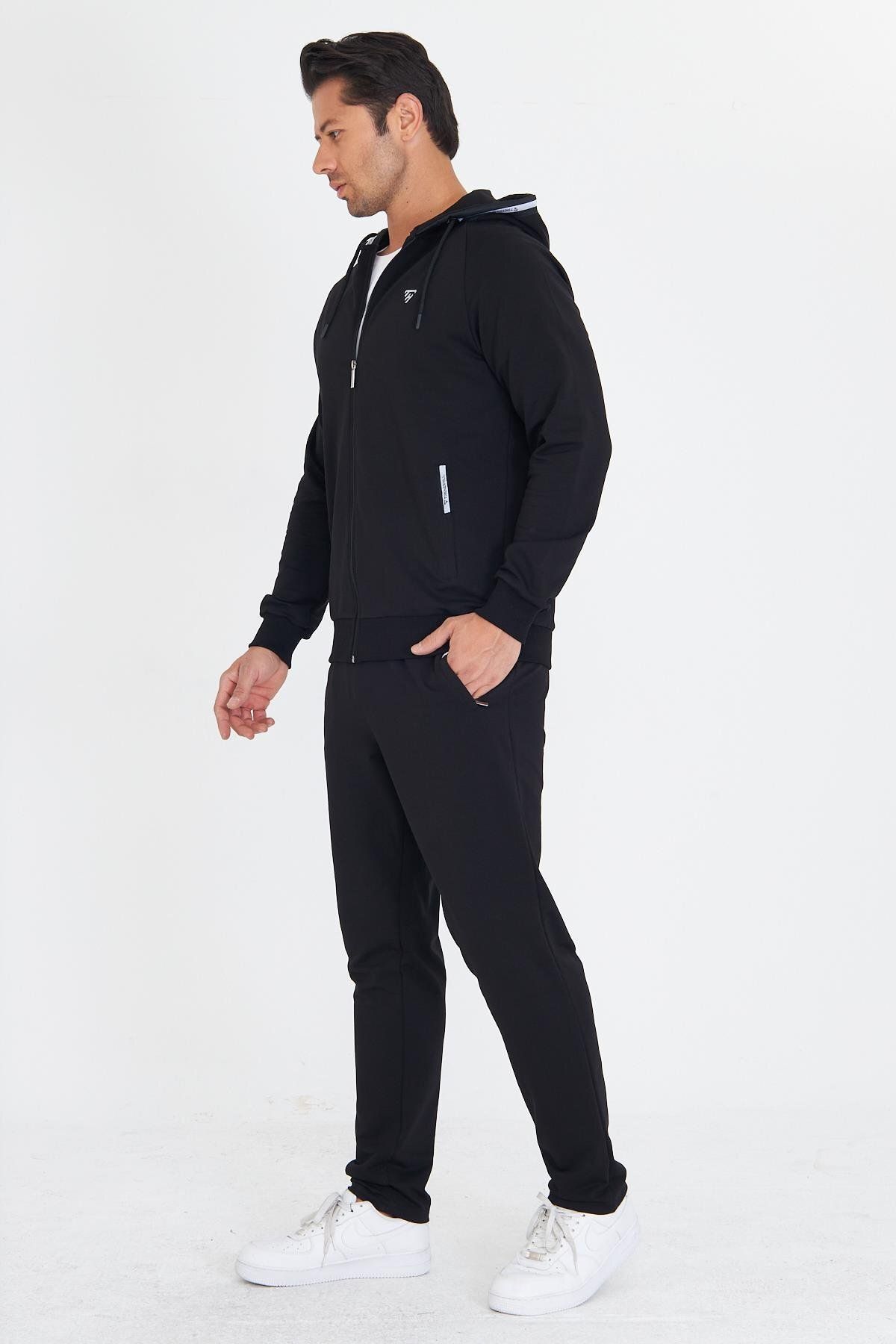 TRENDHİLL-Men's Cotton Hooded Tracksuit Set Black 5756-S 6