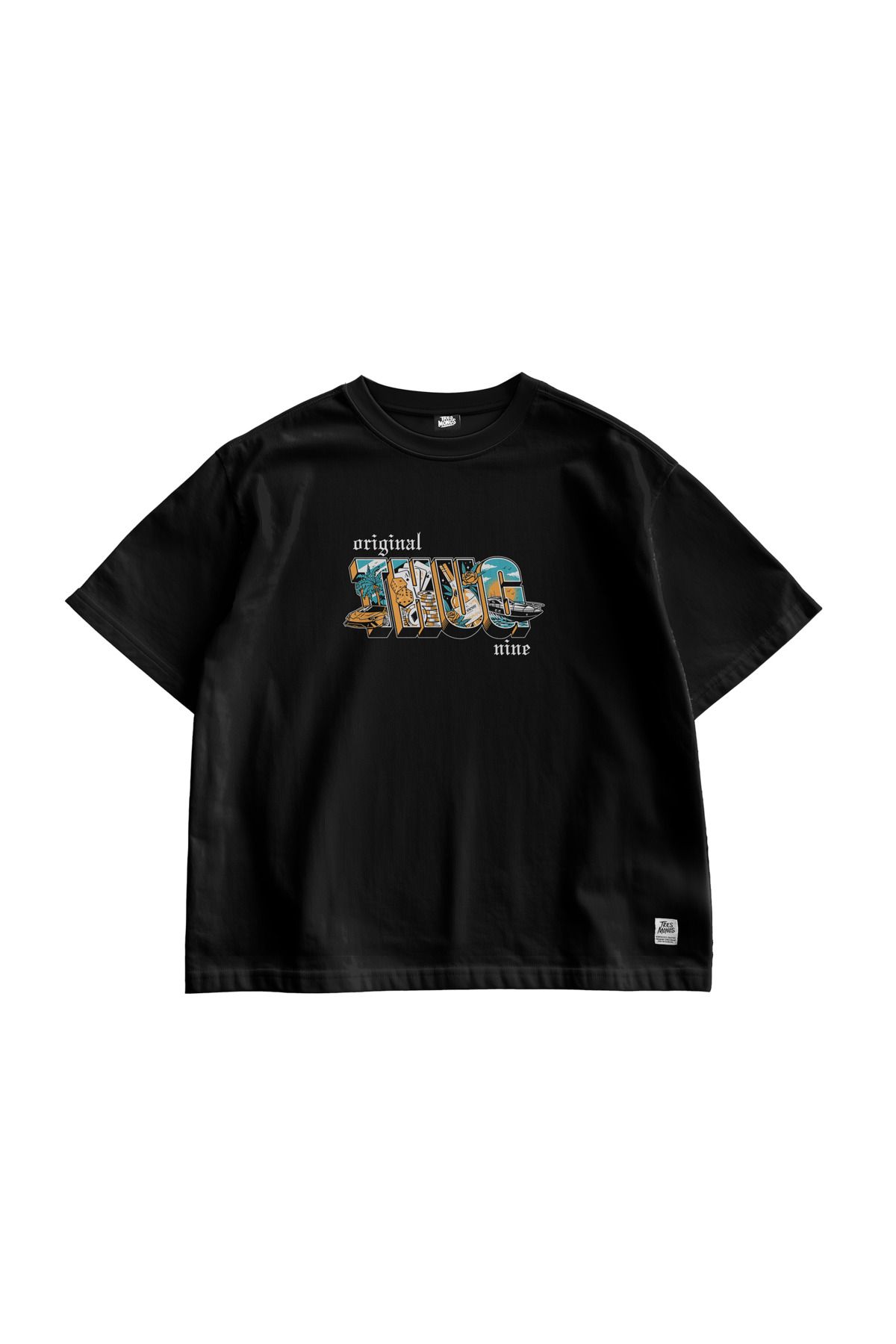 TresMonos Original Thug Nine Grafik Baskılı Oversize Kısa Kesim Pamuklu Unisex Siyah Tişört