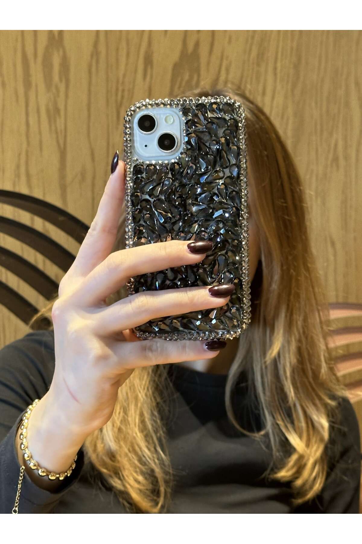 Paladyum Case iPhone 14 Plus Ve 15 Plus Uyumlu Lüks Siyah Kristal Taşlı Kılıf