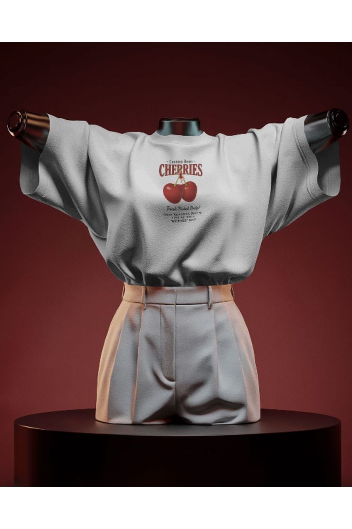 DemirConcept Kiraz Desenli 'Cherries' Yazılı Tişört – Oversize Rahat Kalıp