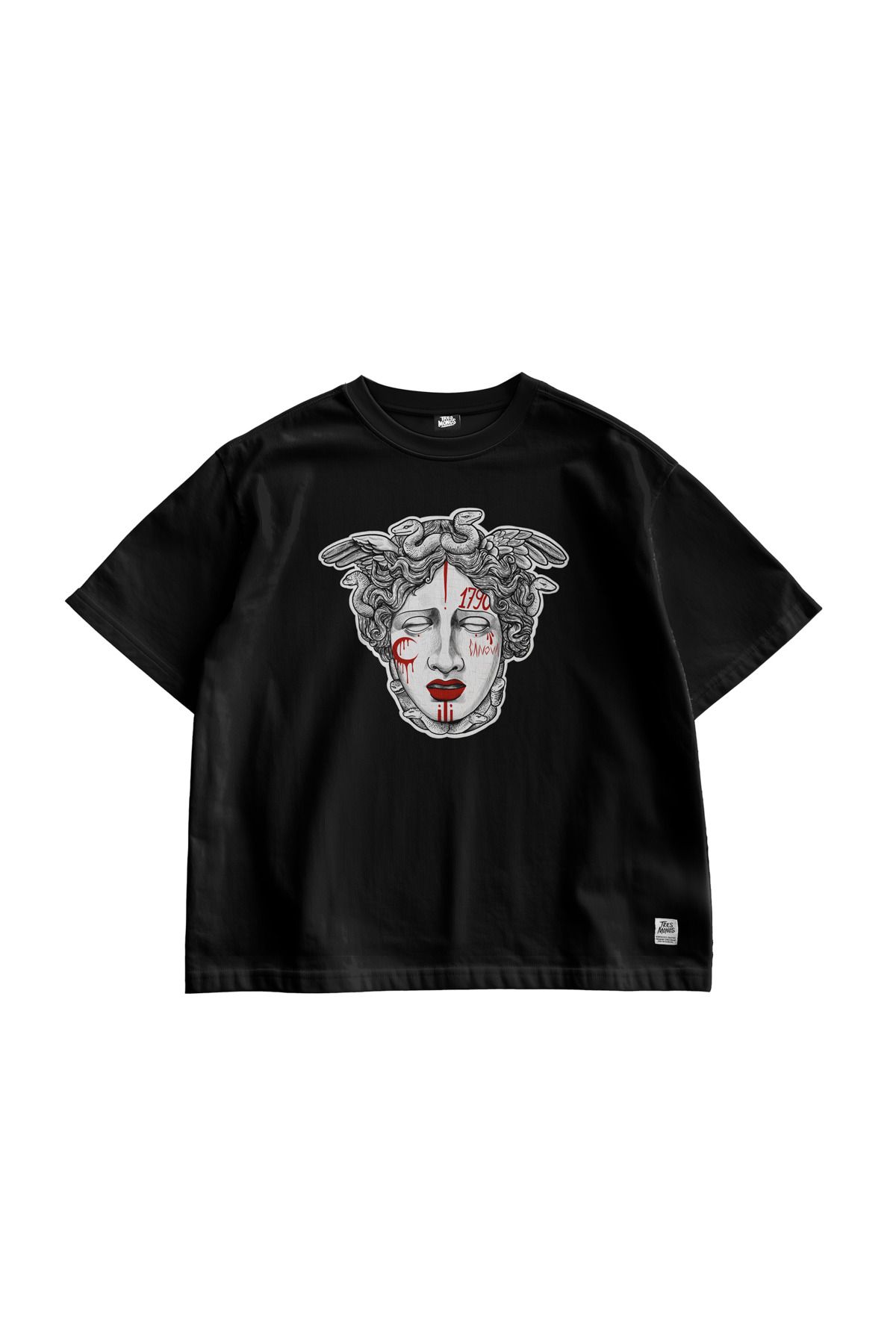 TresMonos Medusa Baskılı Oversize Kısa Kesim Pamuklu Unisex Siyah Tişört