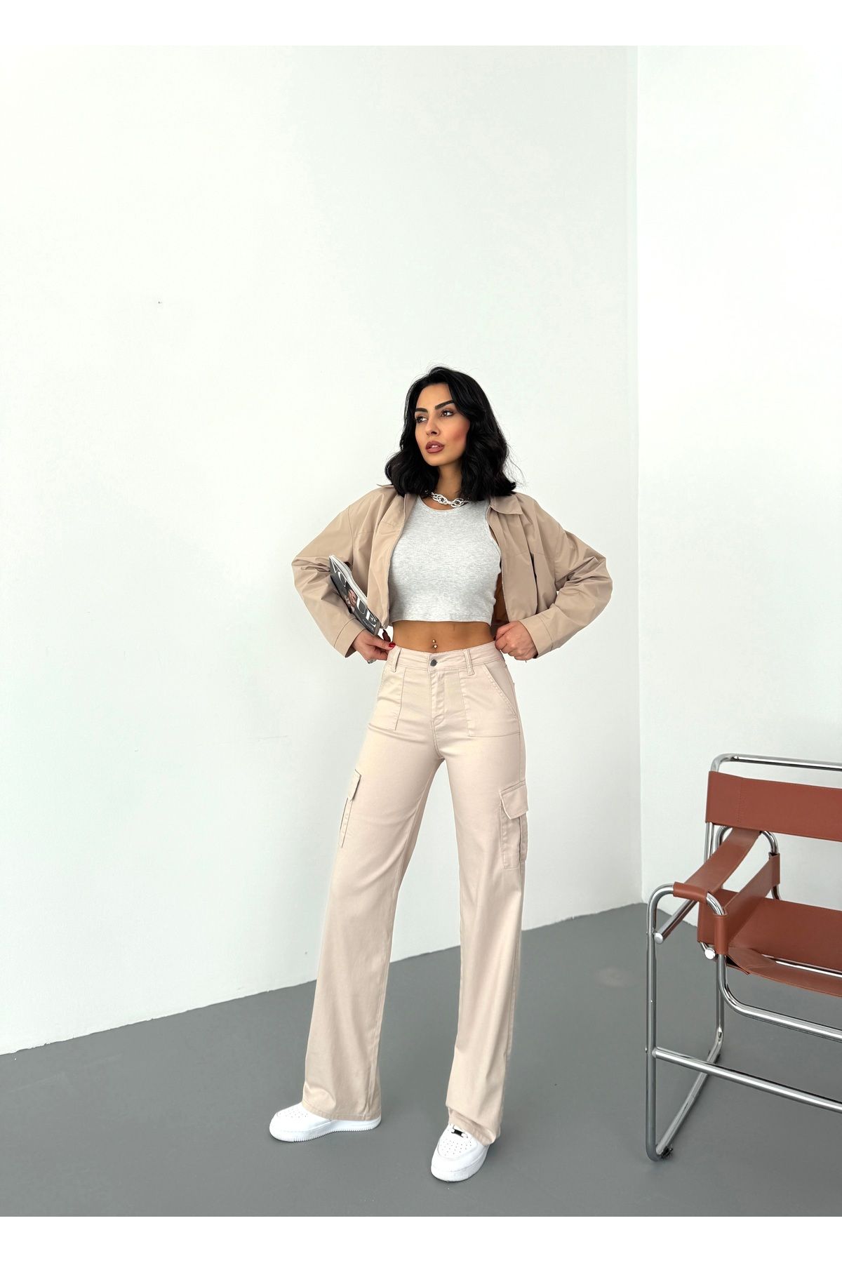 MossMoi-Beige Cargo Pocket Lycra High Waist Wide Leg Trousers 5