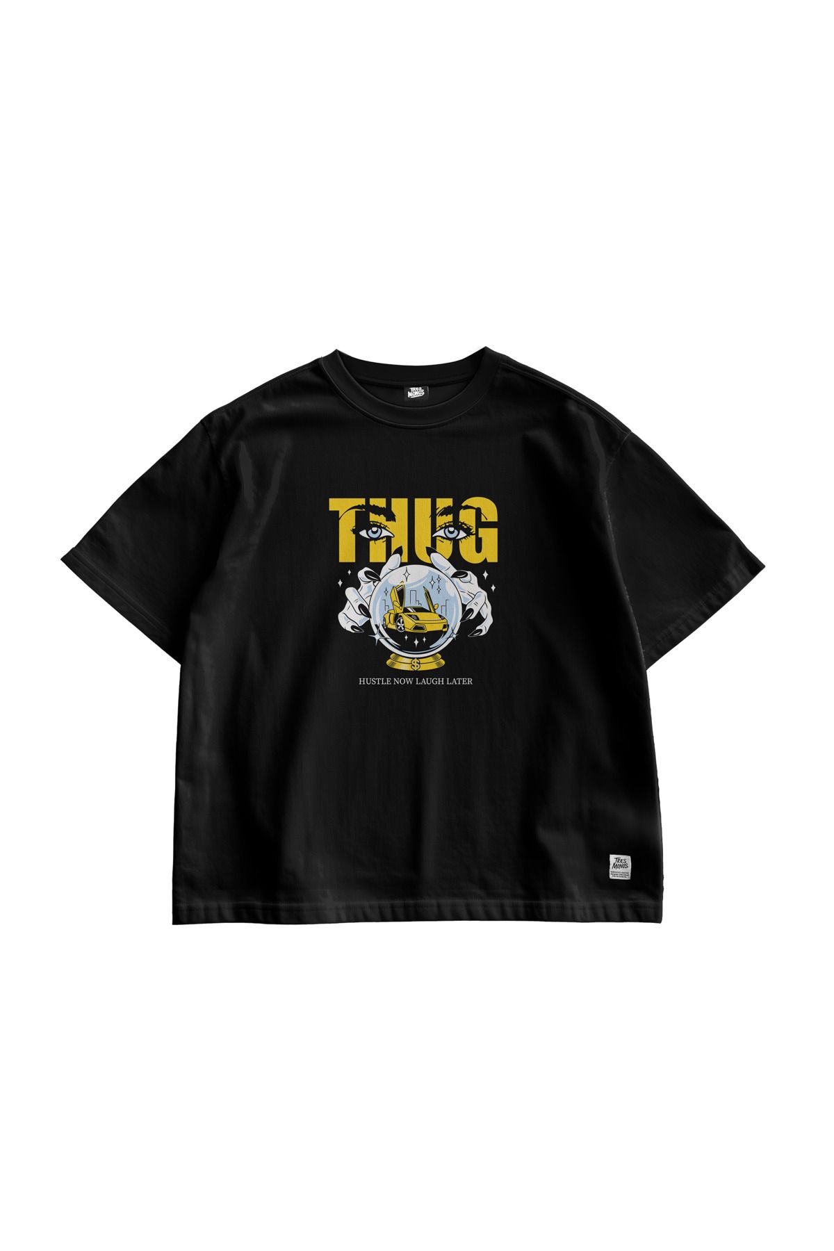 TresMonos Thug Baskılı Oversize Kısa Kesim Pamuklu Unisex Siyah Tişört